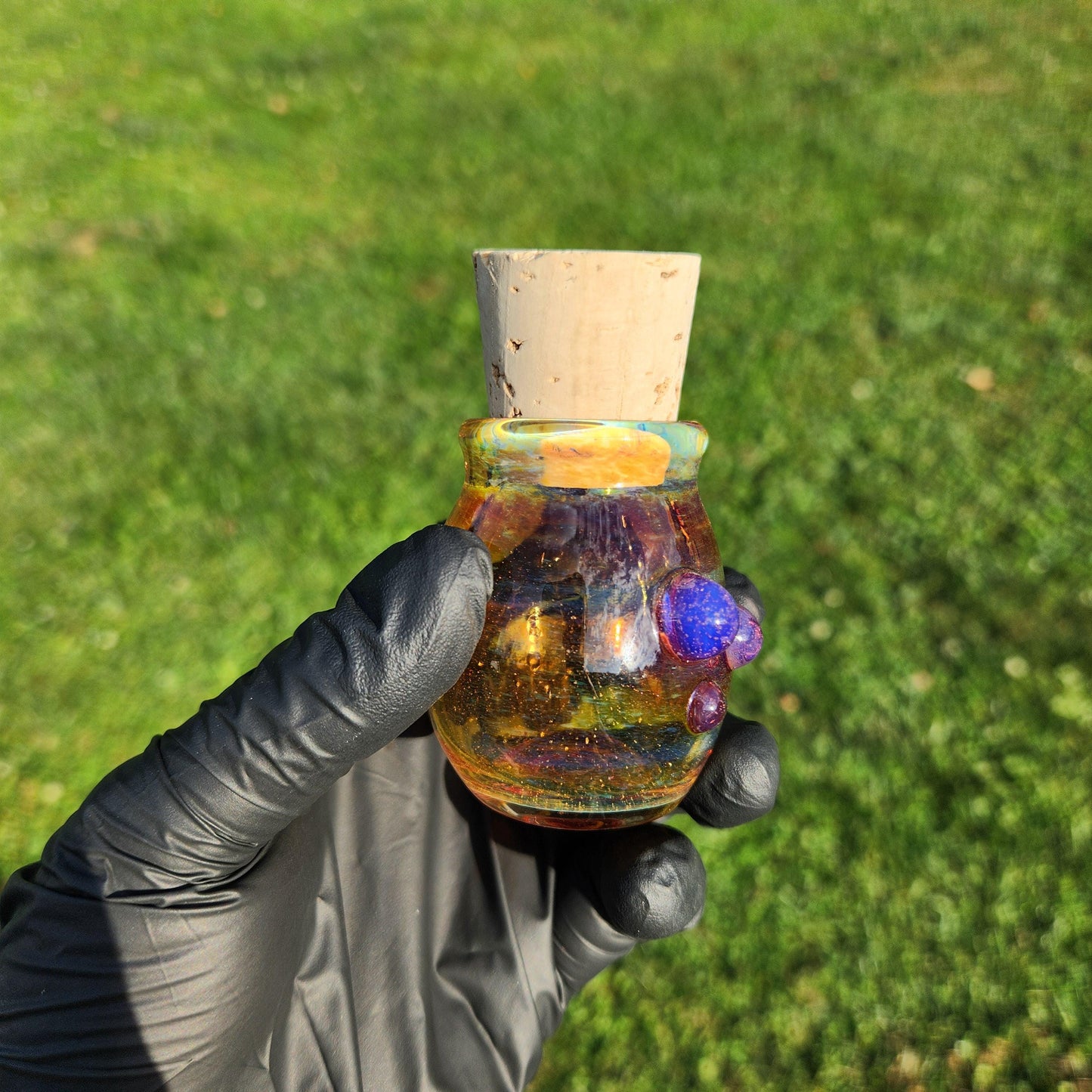 Handmade Amber Purple Glass Jar with Cork Lid – Artisan Blown Glass Apothecary Jar, Boho Decor, Spell Jar, Witchy Storage