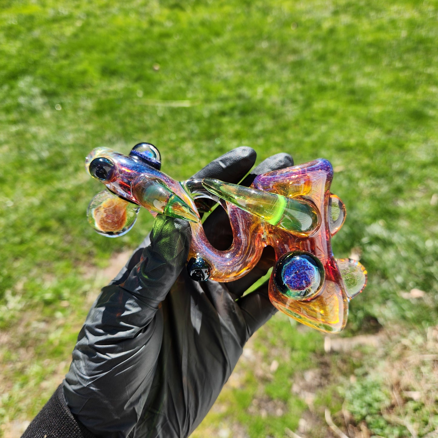 Ancient Alien Relic Glass Pipe – Color Changing Amber Purple Hammer Pipe w/ Opal & Nebula Marble