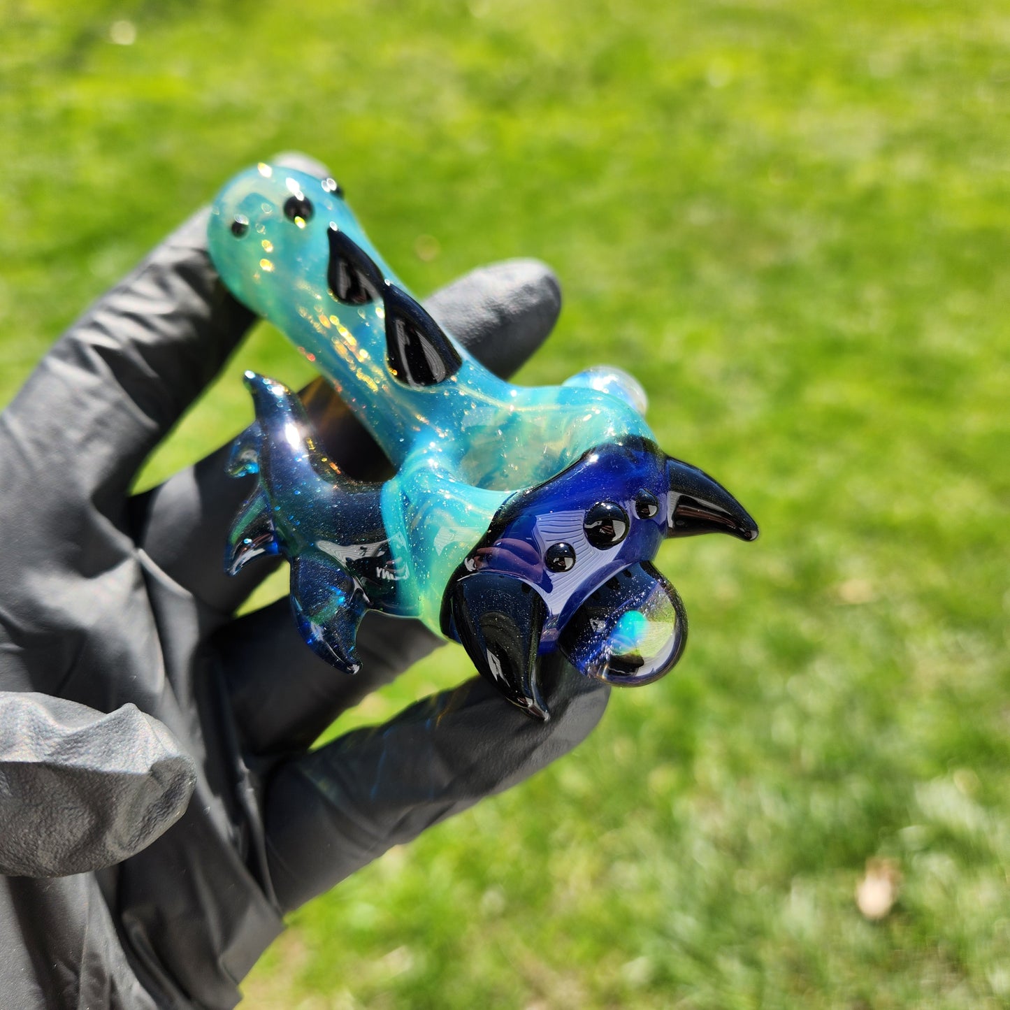 Hellstar Relics “Nebula Worm” Sea Green Glass Spoon Pipe – Blue Lens w/ Galaxy Opal & Horned Bowl Cluster
