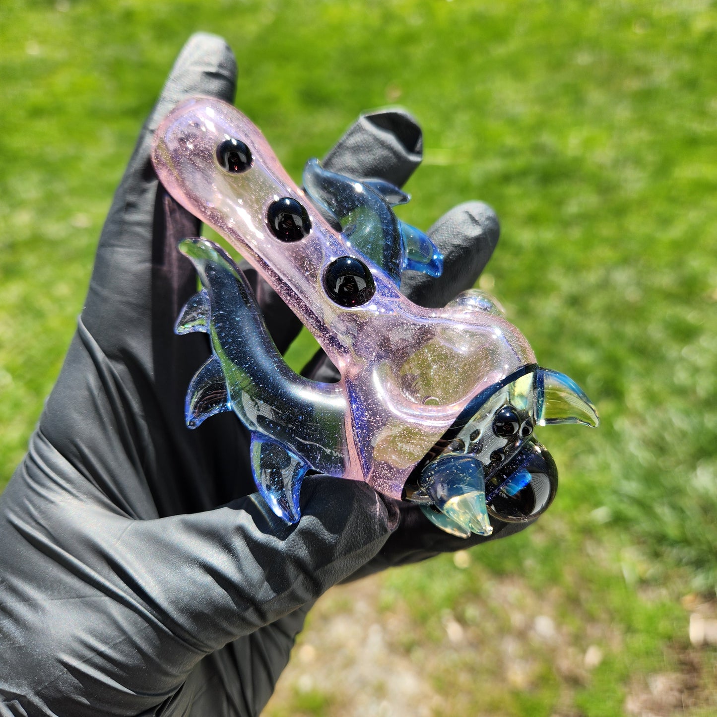 Hellstar Relics “Nebula Worm” Color Changing Glass Spoon Pipe – Pink to Peach Shift w/ Opal Galaxy Marble, Chromatic Horns & Front Lens