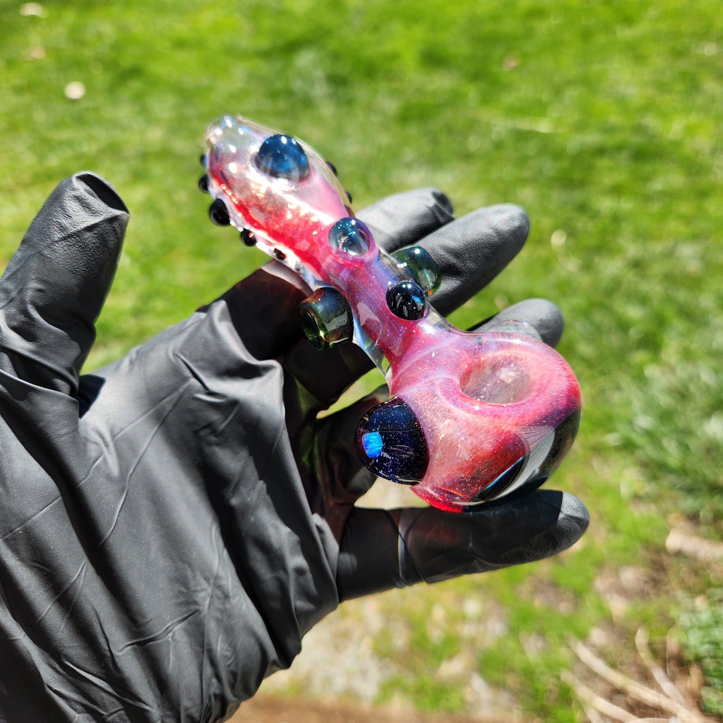 Hellstar Relics “Prism” Glass Spoon Pipe – Phoenix Red Pink w/ Bluestar Dust Lens, Galaxy Opal Core & Green Cylinder Accents