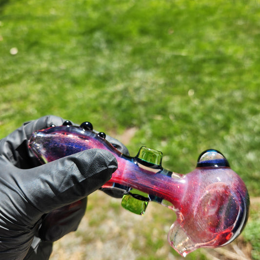 Hellstar Relics “Prism” Glass Spoon Pipe – Phoenix Red Pink w/ Bluestar Dust Lens, Galaxy Opal Core & Green Cylinder Accents