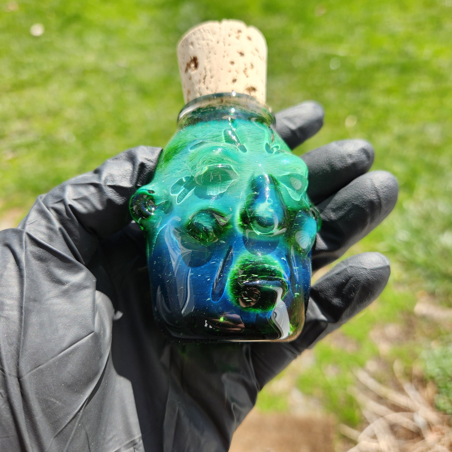 Nug Head Shamans Glass Stash Jar – Experimental Green Sculpted Tribal Head Container | Emerald-to-Blue Obsidian Heady Glass Storage