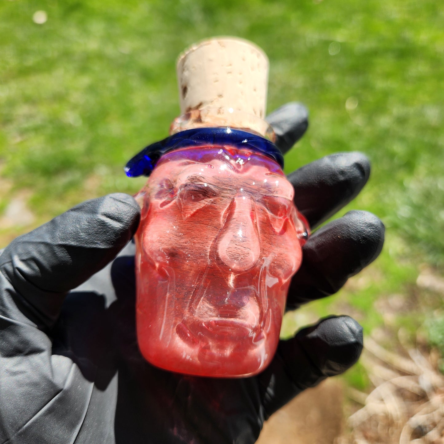 Nug Head Shamans Elder Glass Stash Jar – Terracotta Red Sculpted Tribal Head w/ Blue Headband | Heady Glass Storage Vessel