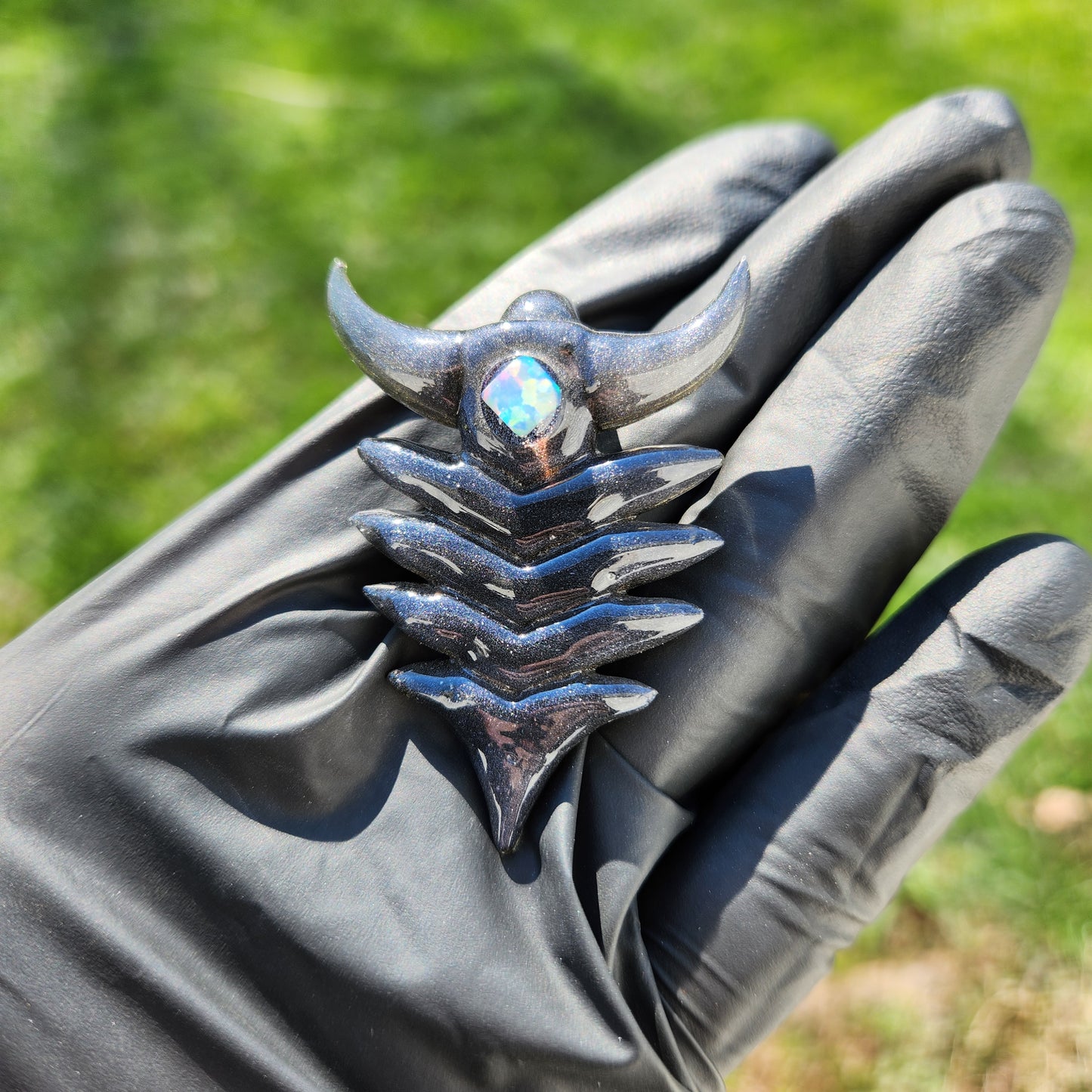 Ancient Alien Artifact Pendant – Steel Wool Grey Glass Arrowhead Necklace w/ Opal & Horned Crown | Heady Glass Jewelry