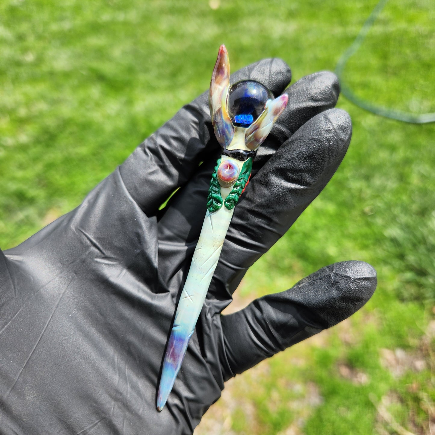 Tribal Leader Staff Dabber – Wood-Style Glass Tool w/ Feather Accents & Galaxy Opal Orb Top | Heady Glass Dab Tool
