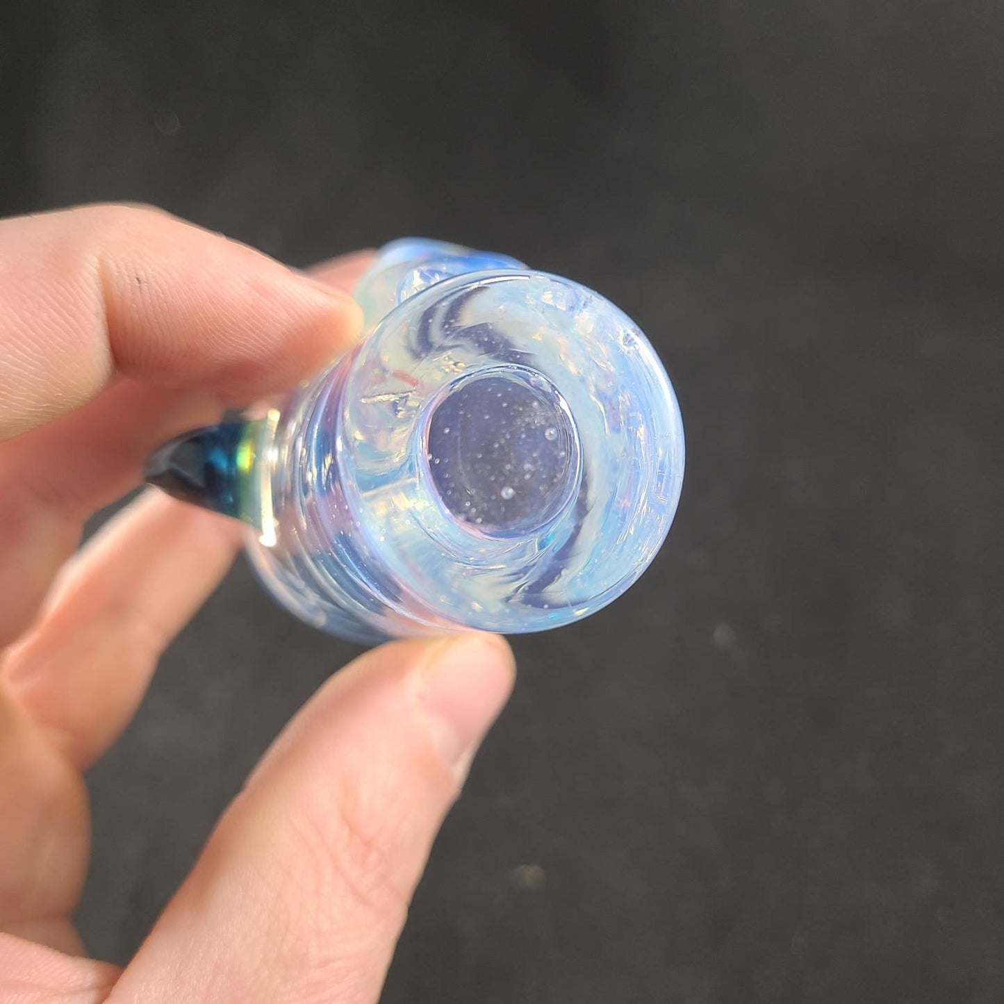 Ghost White Monster Shotglass | Milky Blue Hue Glass | Sculpted Eye, Nose Nubs & Blue Stardust Horns | Textured Hand Blown Shot Glass Cup