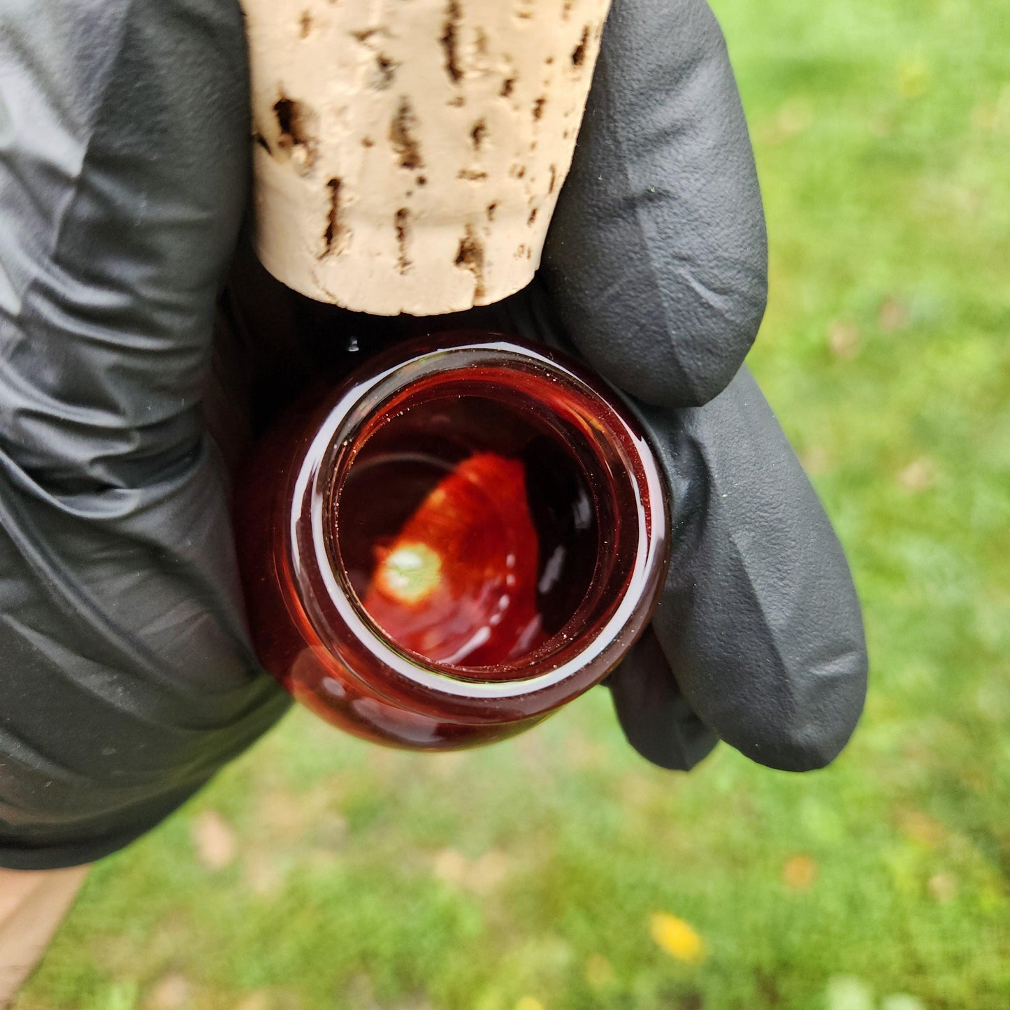 Handmade Red Frit Glass Jar with Cork Lid – Artisan Blown Glass Apothecary Jar, Boho Decor, Spell Jar, Witchy Storage