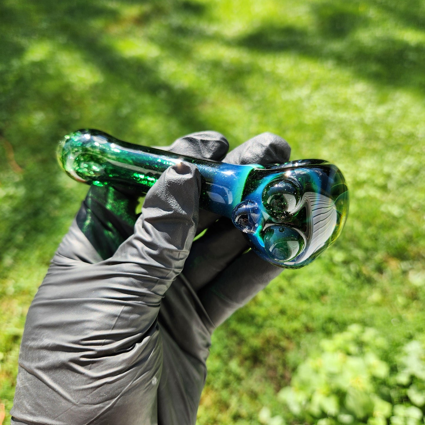 Green Frit Glass Pipe with Triple Mushroom Implosion – 4” Hand Pipe, Dot Accent, Unique Bowl Art, Emerald to Black Color Mix, Heady Piece