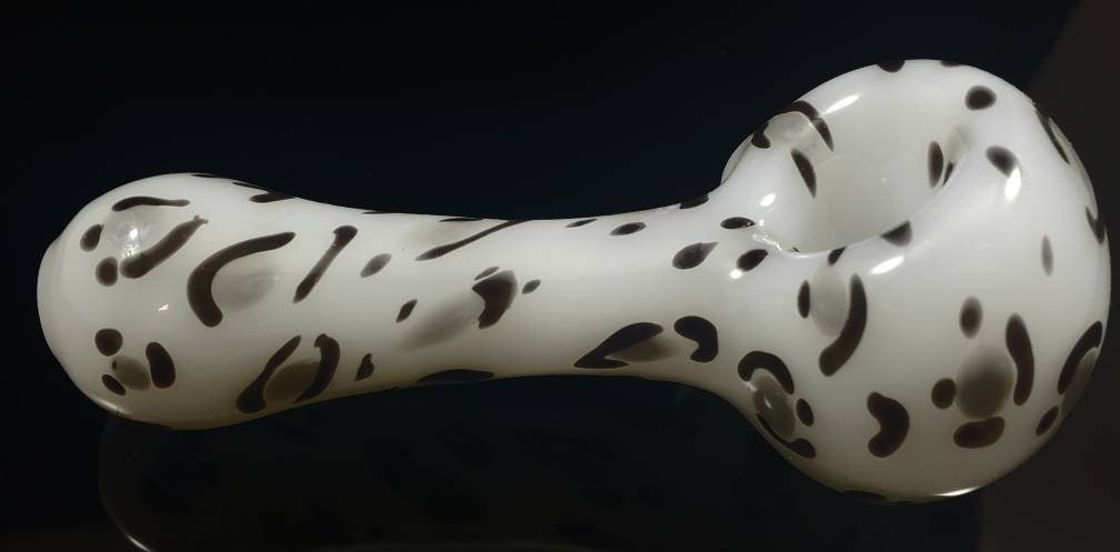 Snow Leopard Glass Pipe | White with Grey & Black Animal Print | Hand Blown Smoking Bowl | Winter Wild Style Glass Art