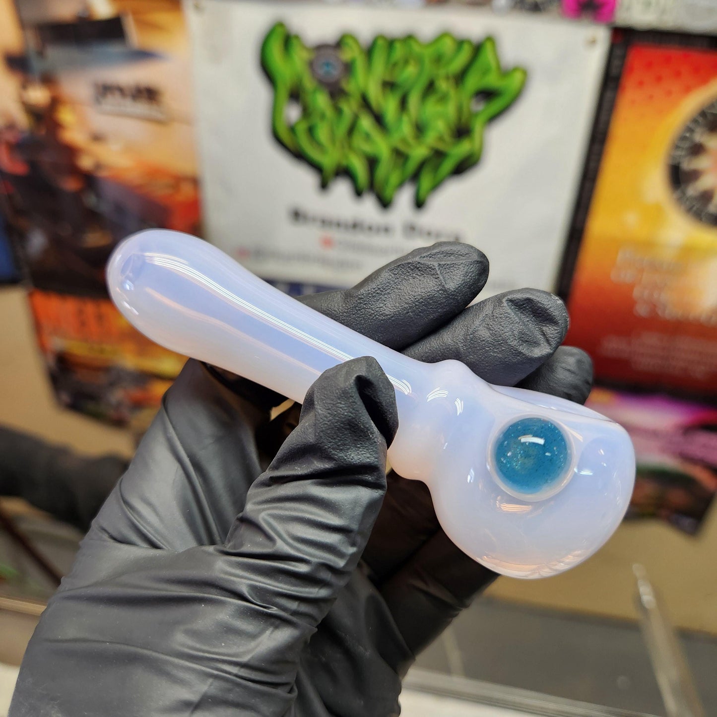 Milky Pink Glass Pipe with Blue Stardust Dot Accent – 4” Hand Pipe, Glitter Spoon Pipe, Unique Glass Smoking Pipe, Cute Aesthetic Piece