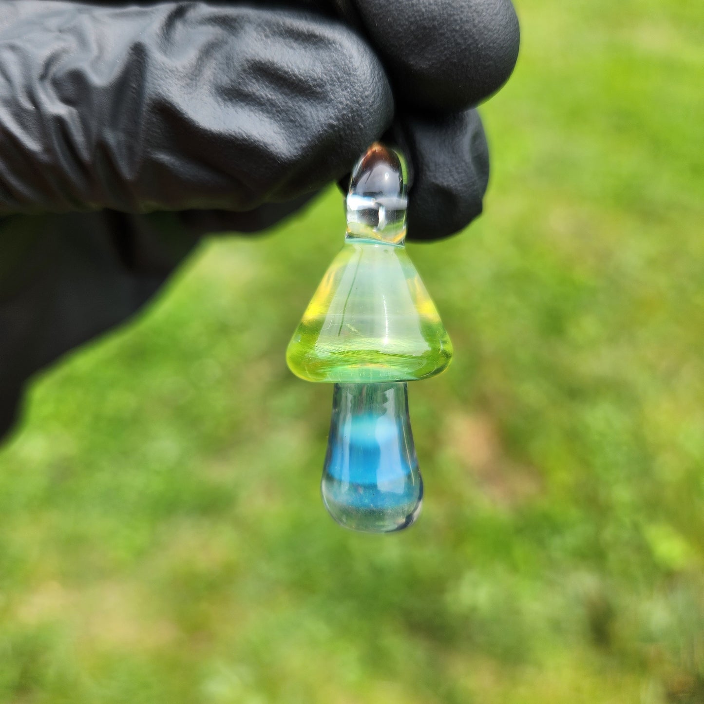 Lime Green Mushroom Pendant Necklace – Transparent Cap & Milky Blue Stem – 1" Handmade Fairycore Jewelry on Suede Cord