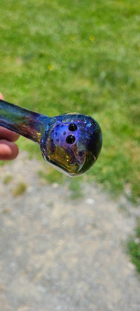 Spotted Purple Frog Pipe / Green Striking Purple Frit Glass / Glass Smoking Bowl