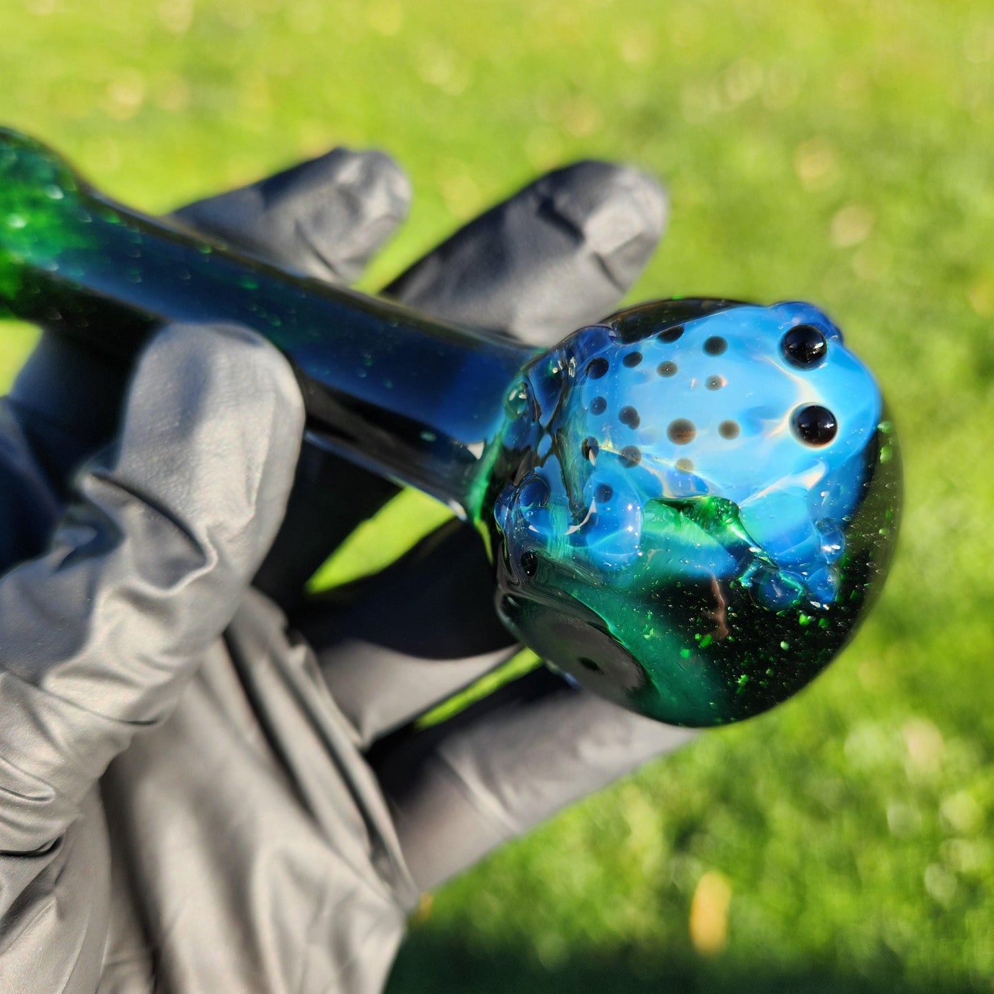 Experimental Green Frit Pipe with Custom Frog Accent | 4" Hand Blown Pipe | Emerald to Blue-Black Hues | Choose Frog Color