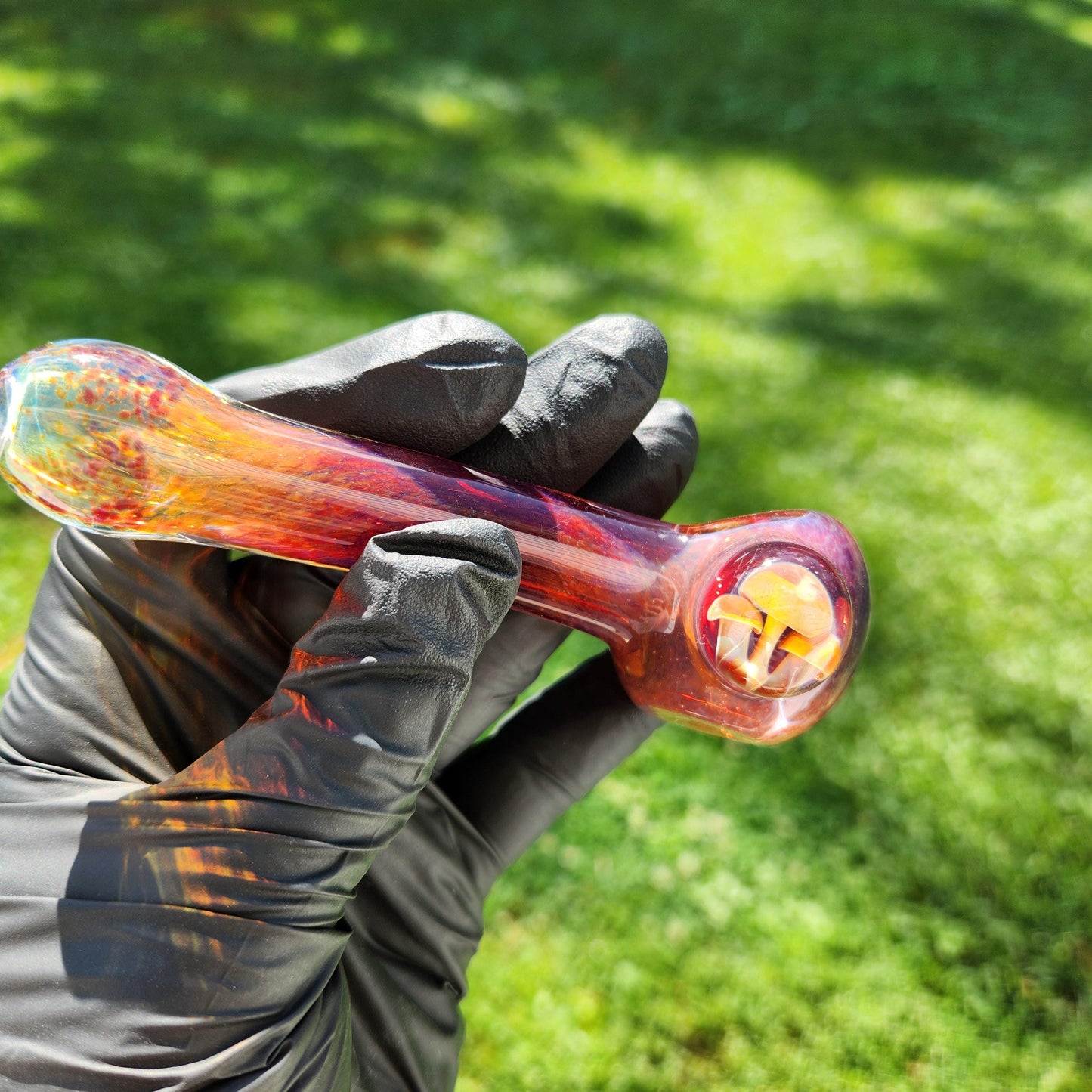 Amber Purple Frit Glass Pipe with Triple Mushroom Marble | Hand-Blown Color-Shifting Spoon | Nature-Inspired Heady Art Glass Bowl