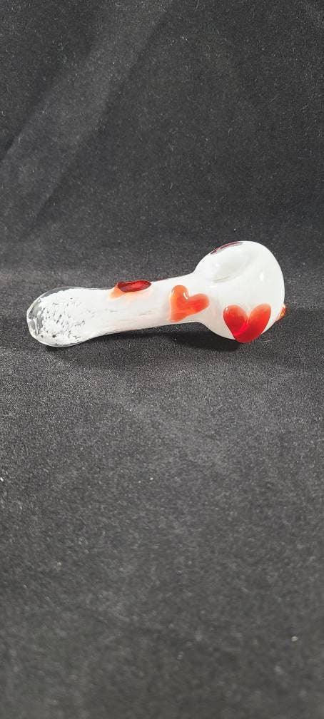 Heart Pipe / Glass Smoking Bowl / White Frit / Red Hearts / Love
