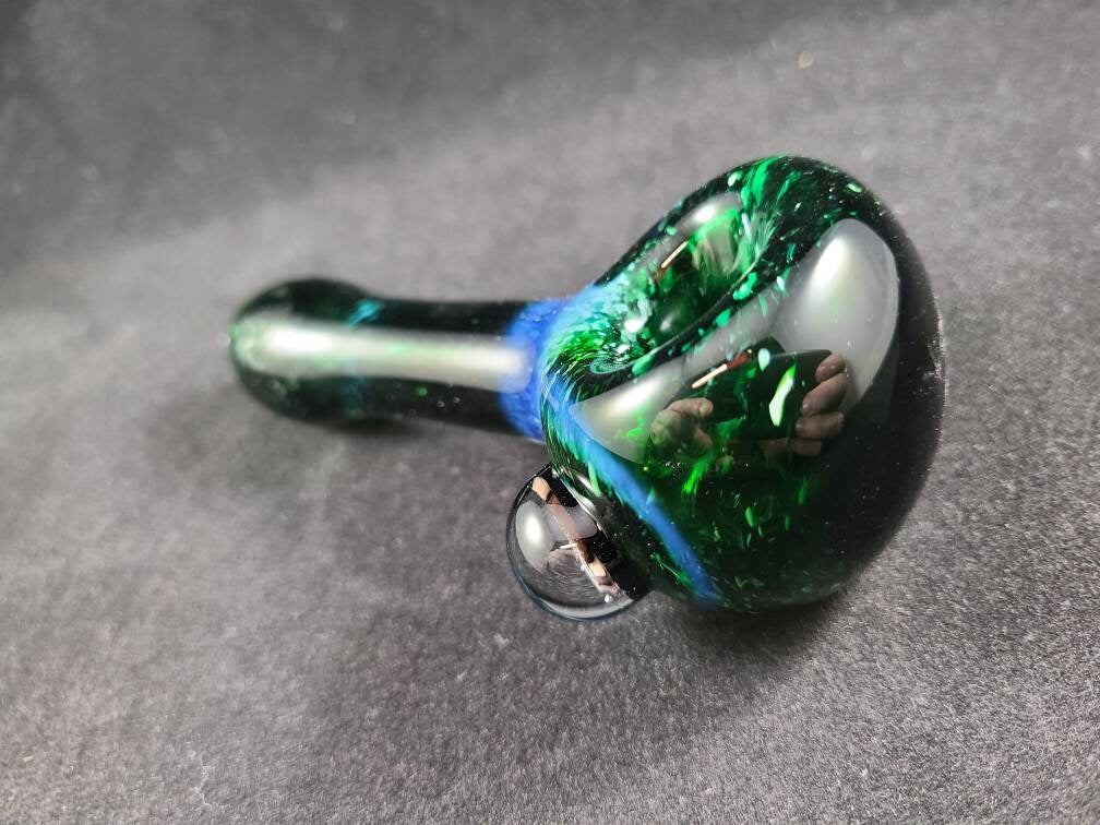 Funky Monkey Pipe / Experimental Green Glass Frit Pipe / Glass Smoking Bowl
