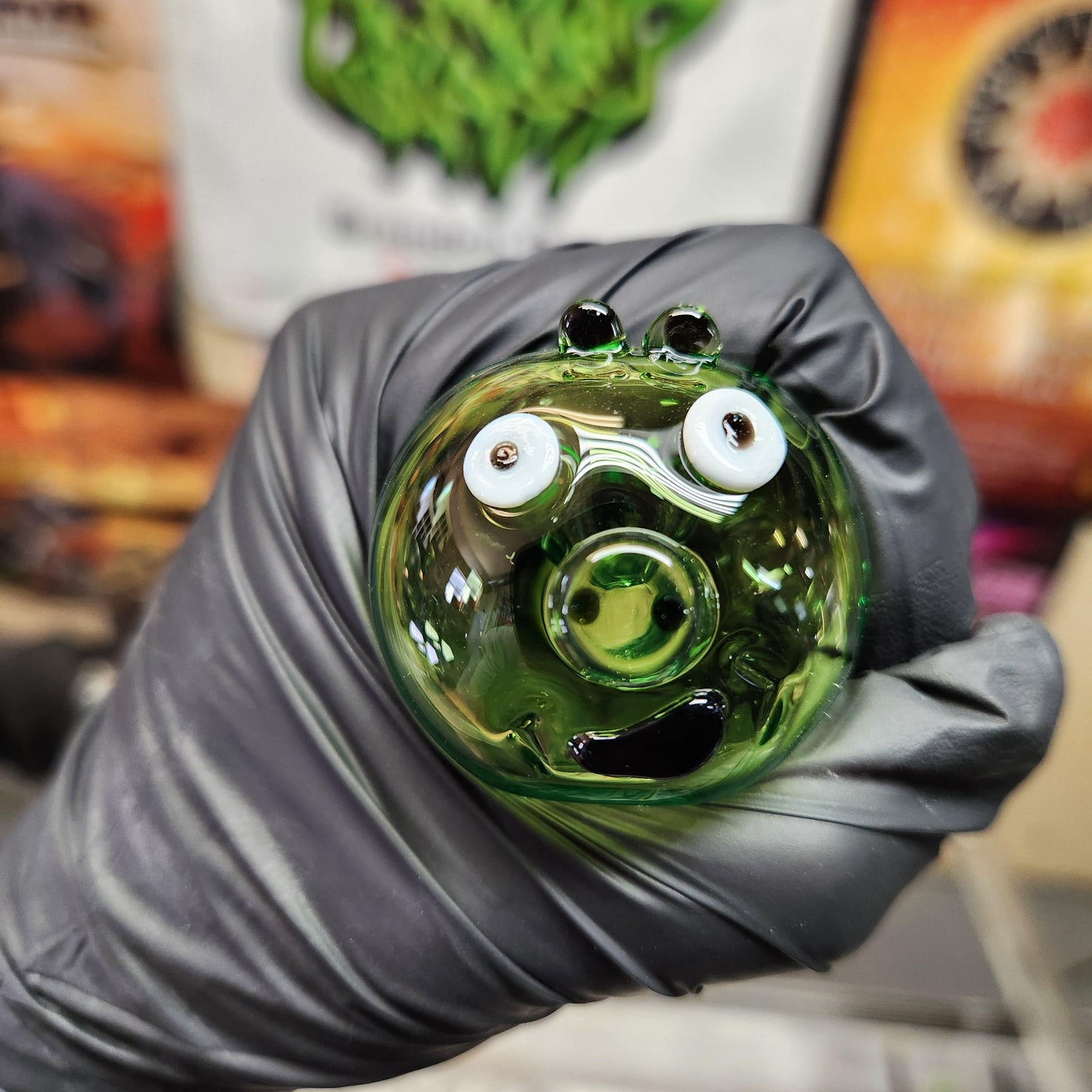 Green Pig Glass Pipe with Surprised Face | Funny Cartoon-Inspired Spoon Pipe | Hand-Blown 4" Art Glass Animal Bowl | Quirky Smoking Gift