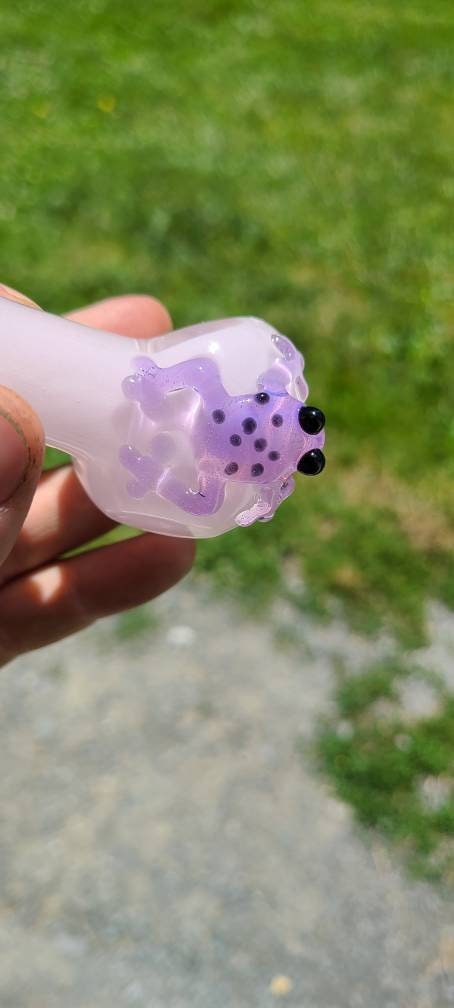 Pink Frit Glass Pipe with Slime Frog | 4" Hand Blown Pipe | Purple Frog Accent or Choose Any Color | Cute Nature-Inspired Bowl