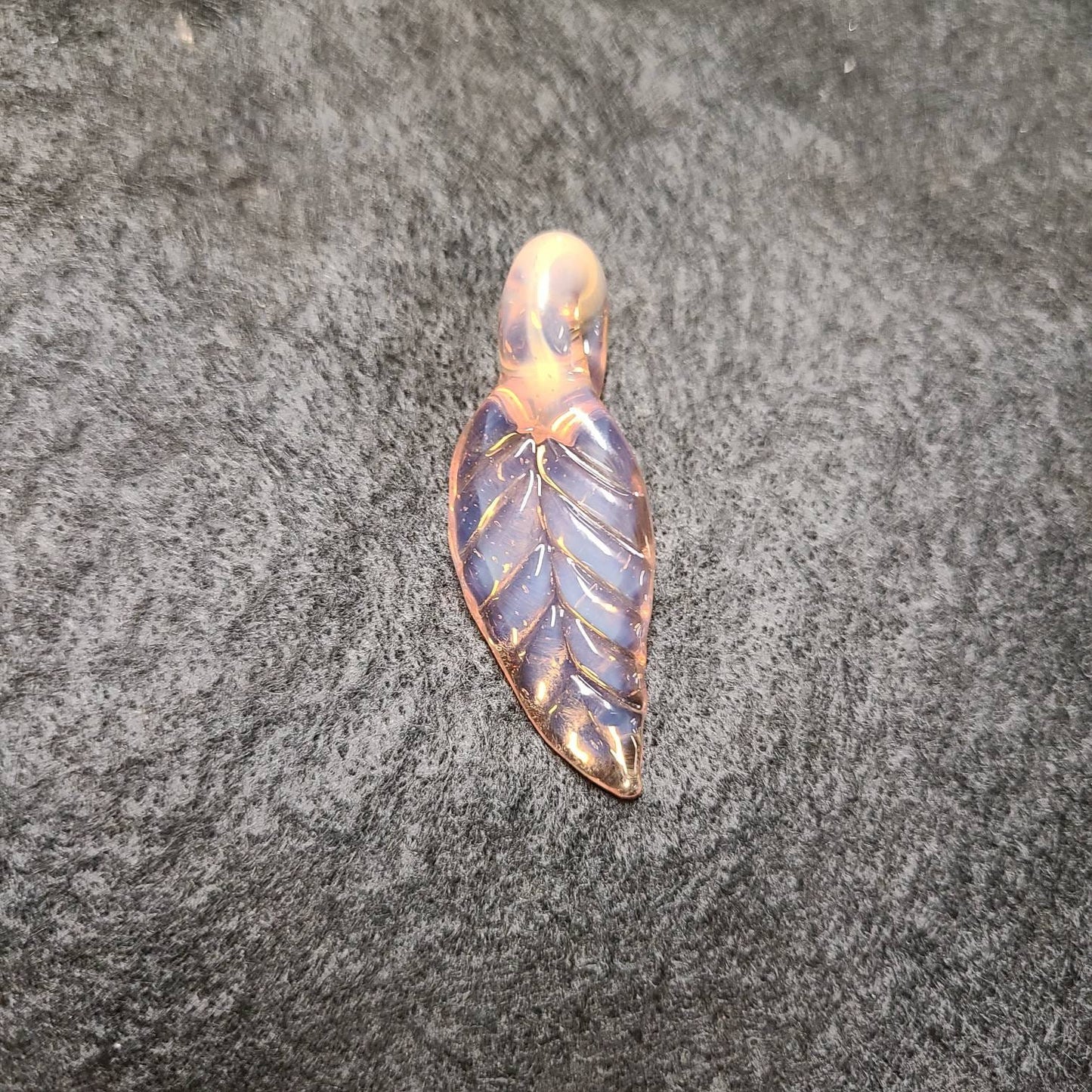 Color Changing Glass Leaf Pendant | Green to Peach in CFL Light | 1.5" Hand Blown Leaf Necklace | Suede Cord | Nature Jewelry