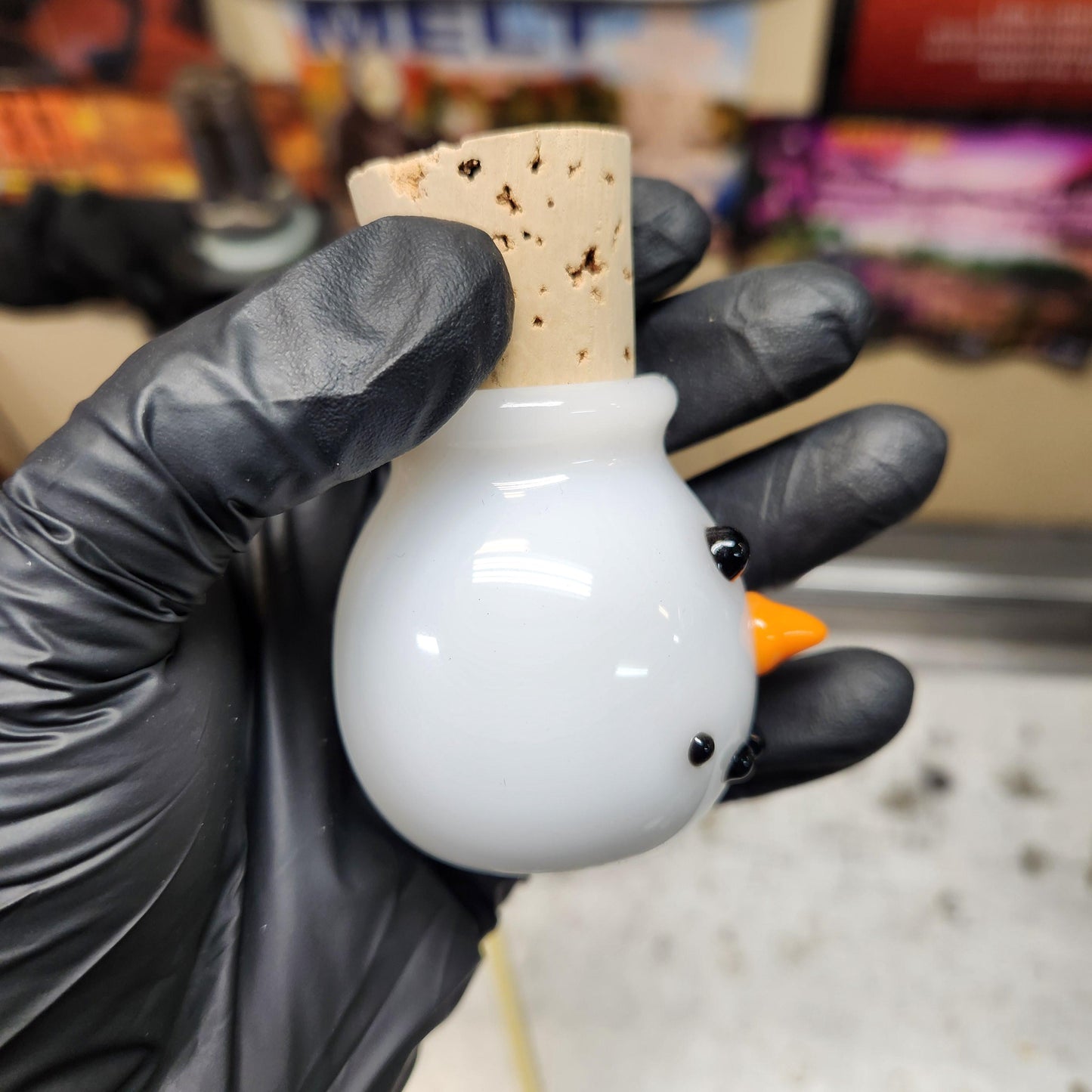 Snowman Head Glass Jar – Hand Blown White Glass Storage Jar with Carrot Nose & Coal Face, Winter Holiday Glass Art with Cork Lid