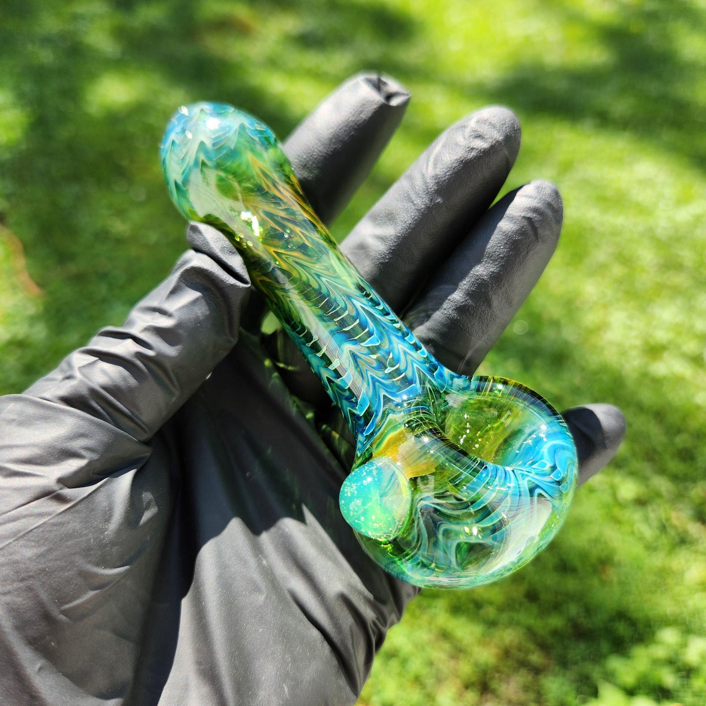 Rainbow Fumed Glass Pipe | Gold and Silver Wrap Rake Spoon with Custom Dot & Color | Heady Hand-Blown 4" Bowl | Color-Changing Smoking Pipe