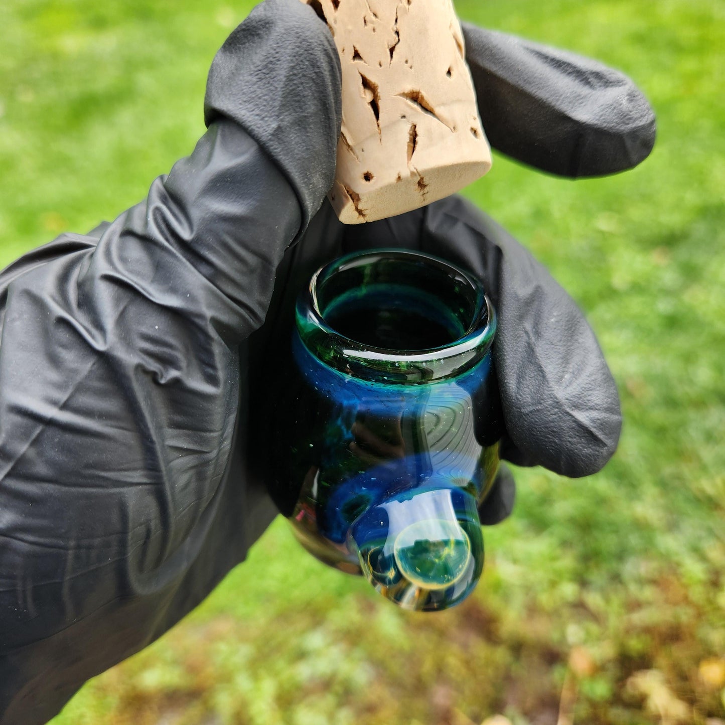 Experimental Green Frit Cork Jar – Hand-Blown Glass Jar with Triple Mushroom Decoration ≈1.5” Tall (Includes Cork)