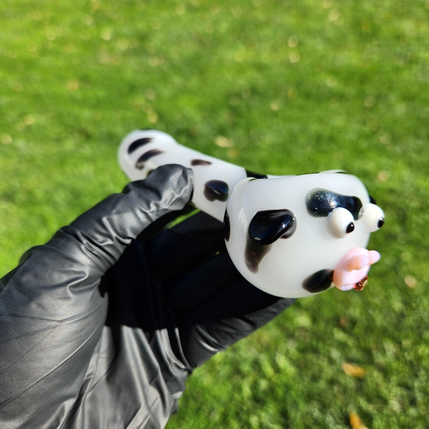 Cow Print Glass Pipe with Face | White & Black Hand Blown Pipe | Farm Animal Novelty Smoking Bowl | Funny Glass Pipe
