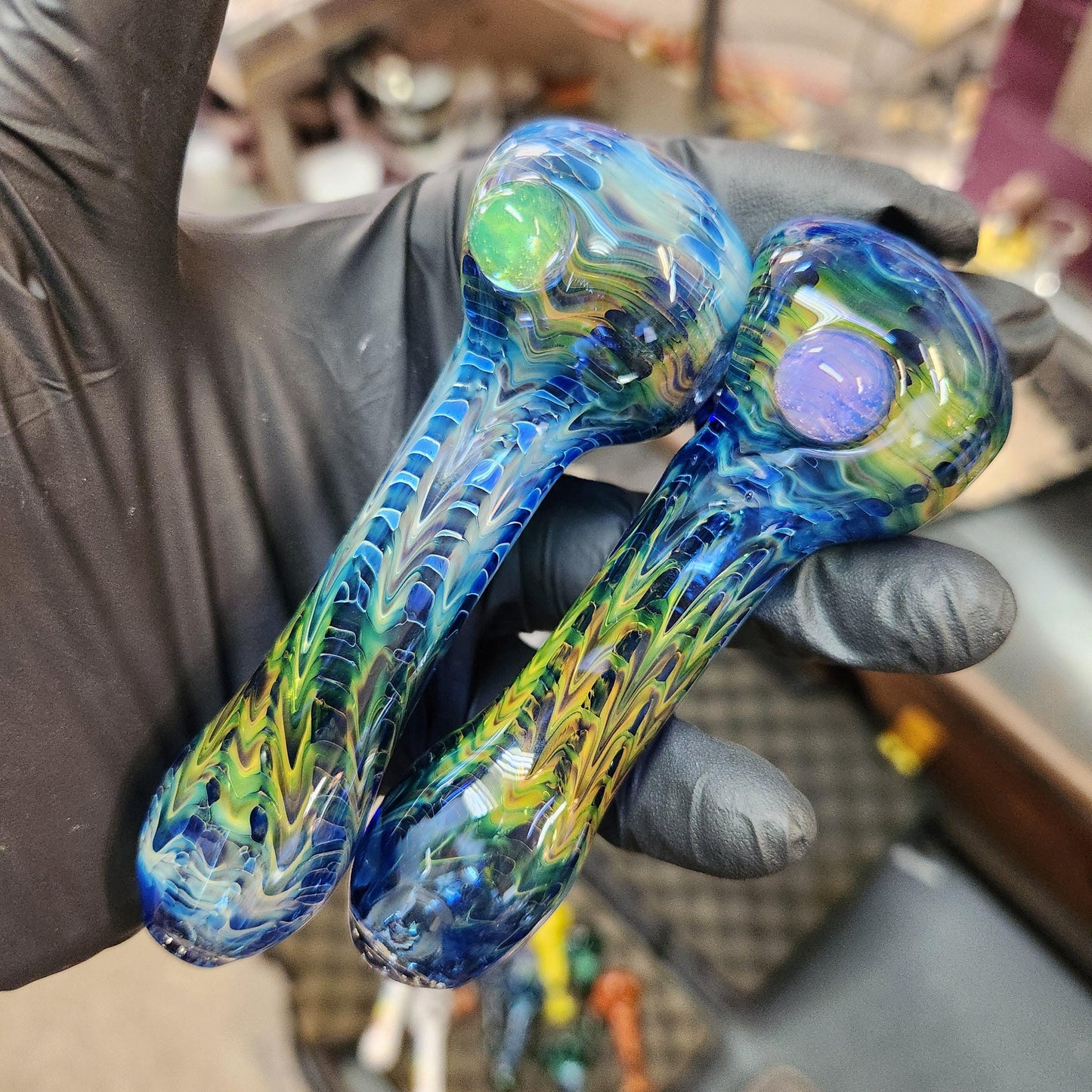 Rainbow Fumed Glass Pipe | Gold and Silver Wrap Rake Spoon with Custom Dot & Color | Heady Hand-Blown 4" Bowl | Color-Changing Smoking Pipe