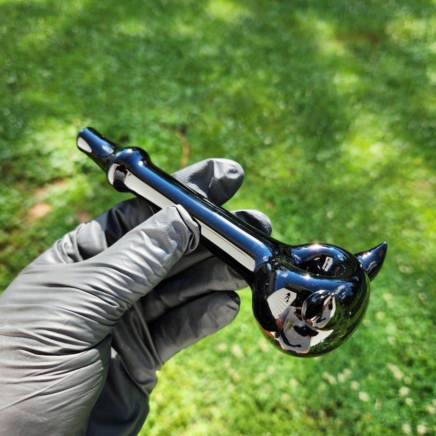 Devil Horn Glass Pipe with Tail-Shaped Neck | Red Frit Spoon with Sculpted Horns | Choose Red or Black | Hand-Blown Fiery Art Glass Bowl