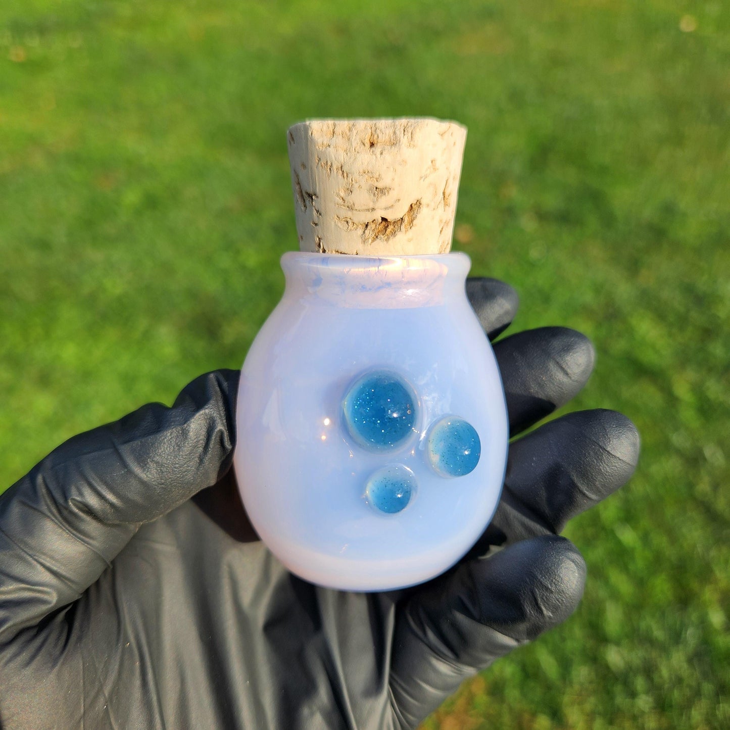 Handmade Pink Glass Jar with Cork Lid  Blue Dots – Artisan Blown Glass Apothecary Jar, Boho Decor, Spell Jar, Witchy Storage