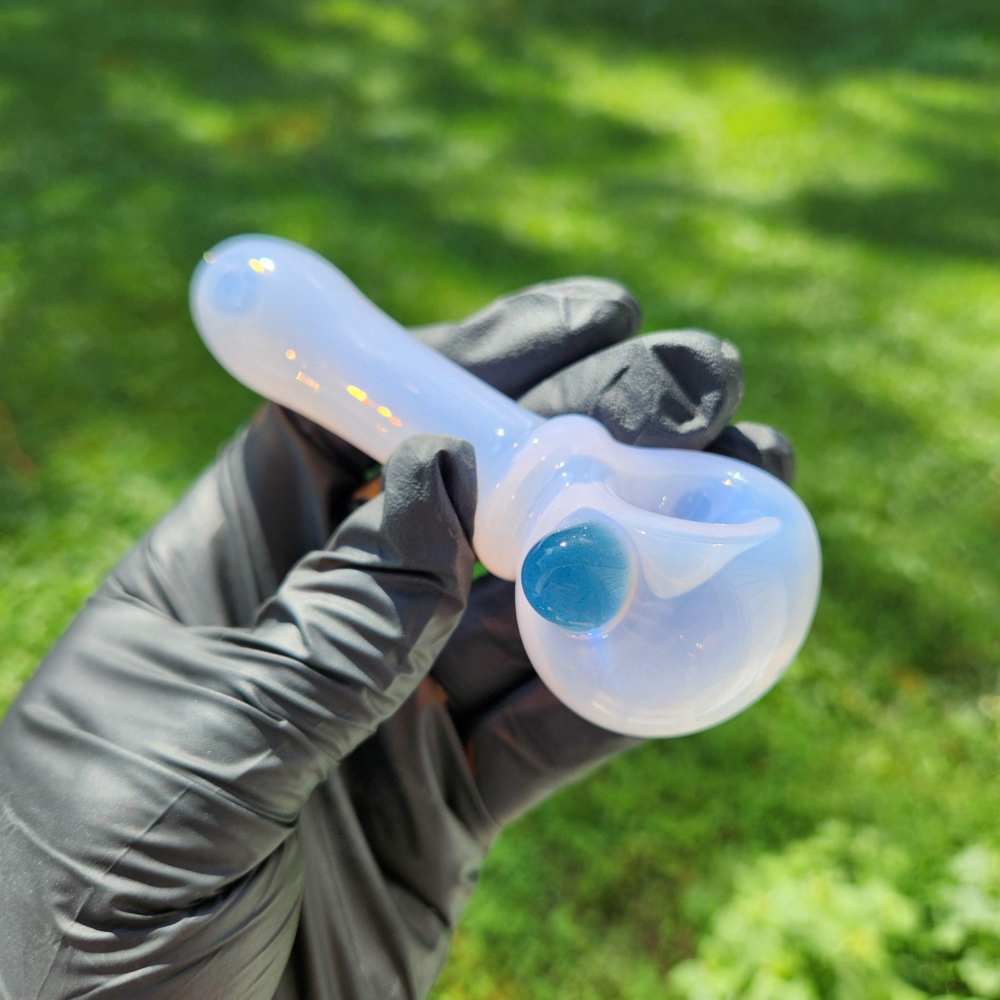 Milky Pink Glass Pipe with Blue Stardust Dot Accent – 4” Hand Pipe, Glitter Spoon Pipe, Unique Glass Smoking Pipe, Cute Aesthetic Piece