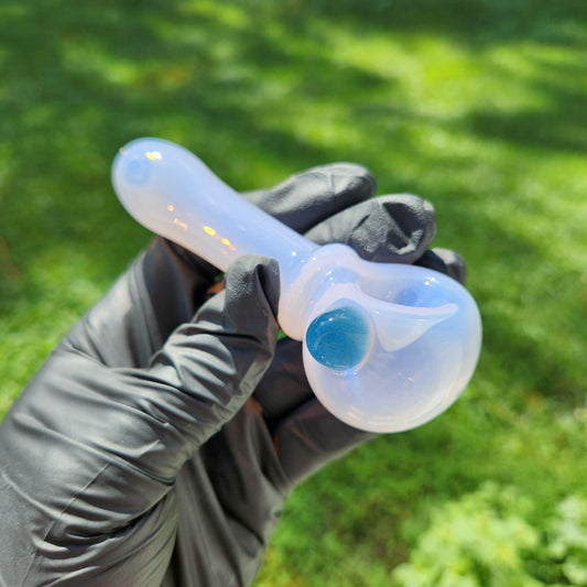 Milky Pink Glass Pipe with Blue Stardust Dot Accent – 4” Hand Pipe, Glitter Spoon Pipe, Unique Glass Smoking Pipe, Cute Aesthetic Piece
