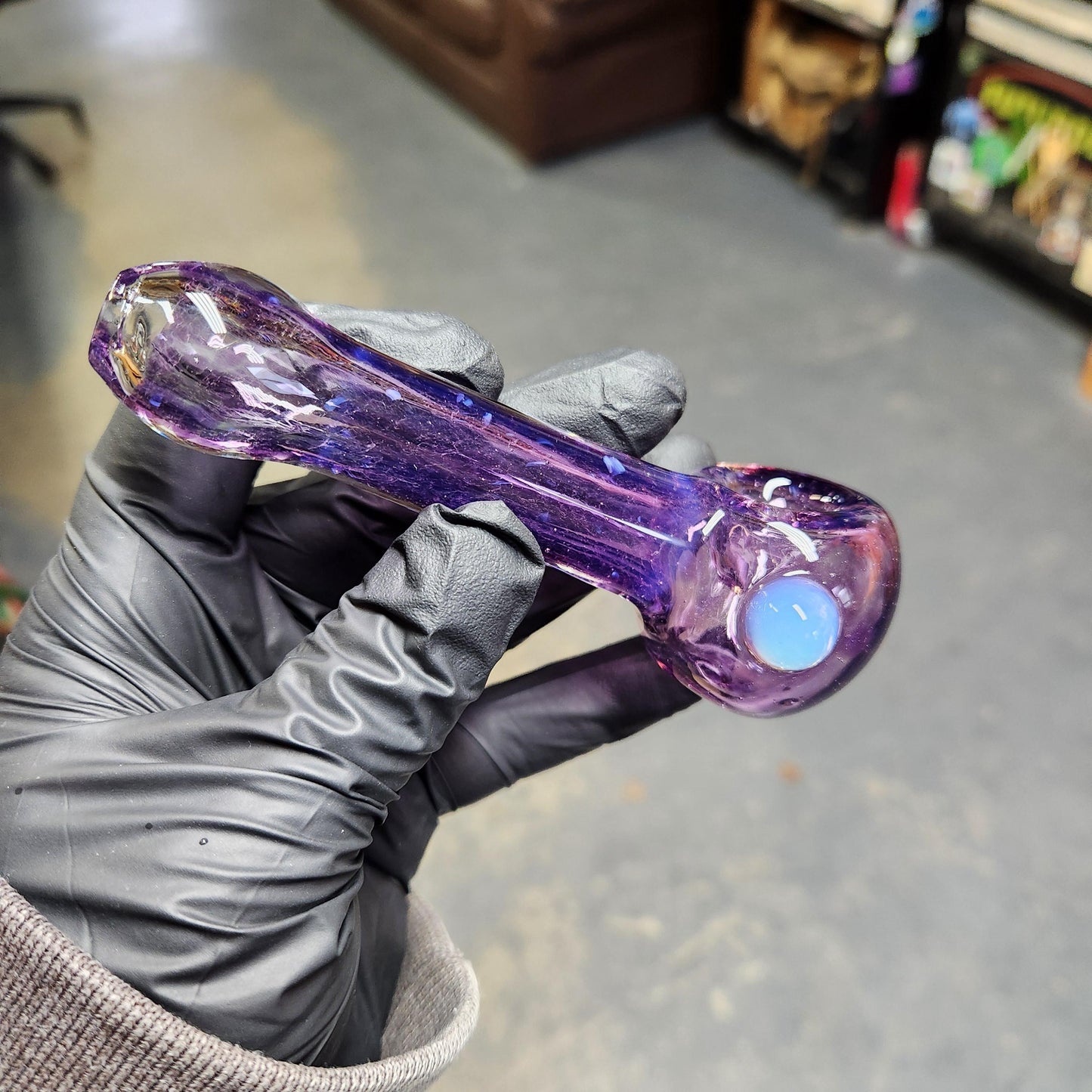 Gold Purple Frit Glass Pipe with Ghost White Dot – 4 Inch Deep Royal Purple Smoking Bowl, Hand Blown Glass Spoon Pipe