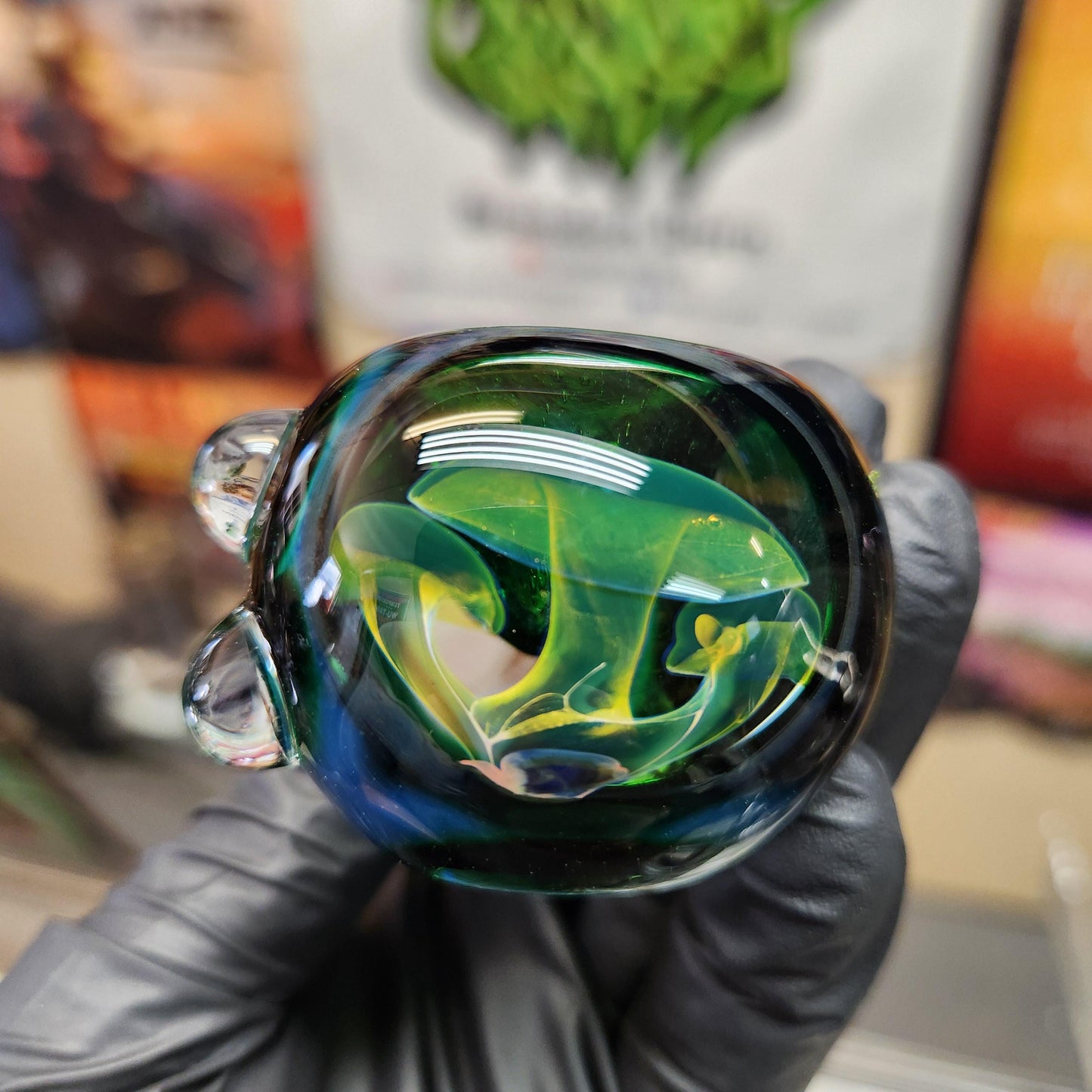 Green Frit Glass Pipe with Triple Mushroom Implosion – 4” Hand Pipe, Dot Accent, Unique Bowl Art, Emerald to Black Color Mix, Heady Piece