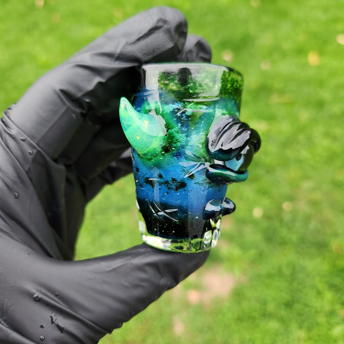 Experimental Green Monster Shotglass | Hand Blown Glass with Green Slime Horns | Unique Textured Glassware | Collectible Shot Glass
