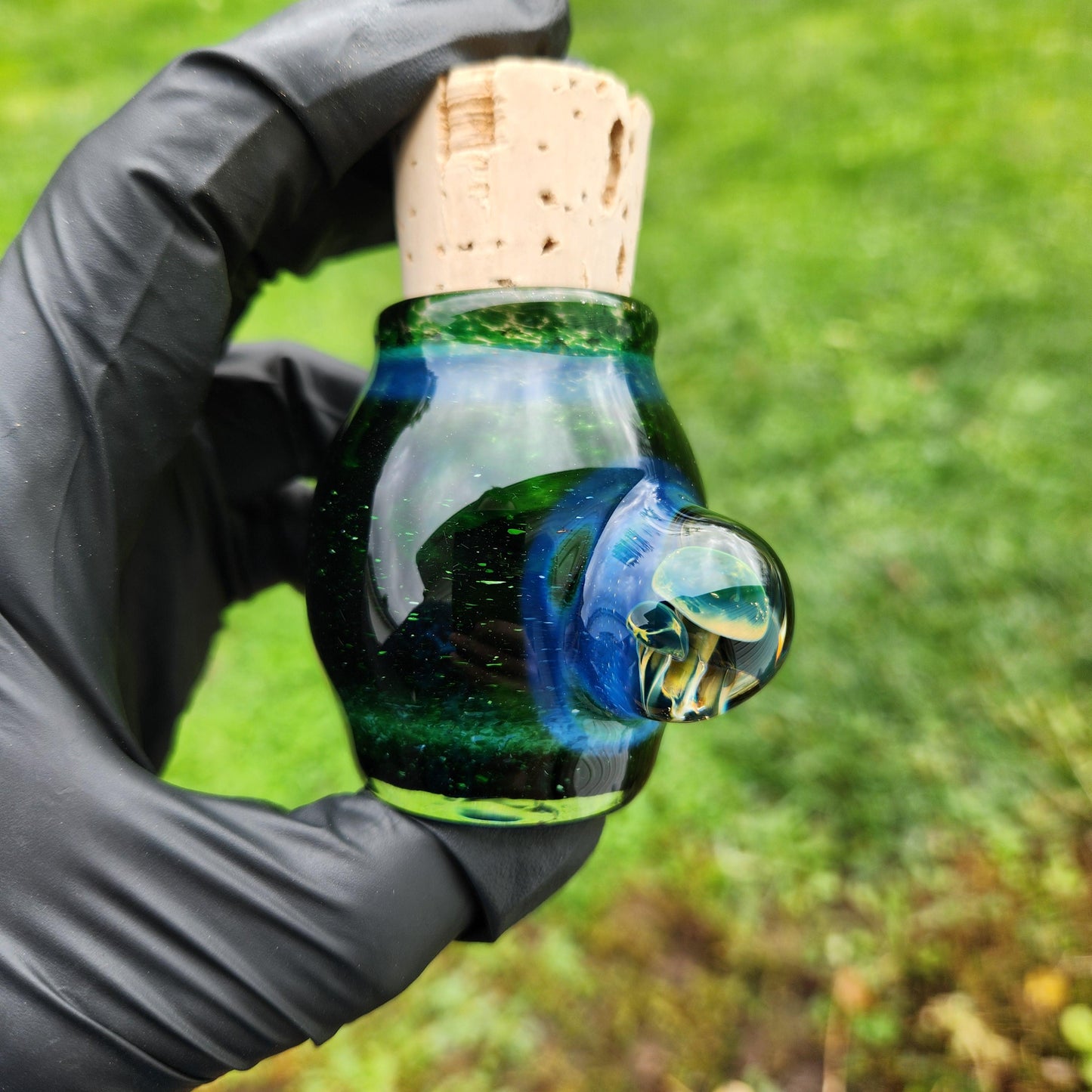 Experimental Green Frit Cork Jar – Hand-Blown Glass Jar with Triple Mushroom Decoration ≈1.5” Tall (Includes Cork)