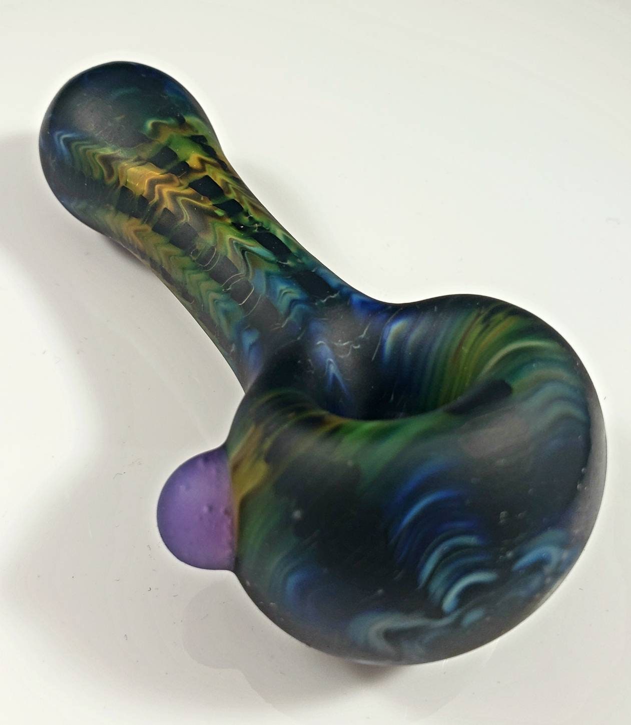 Matte Black Sandblasted Glass Pipe | Rainbow Fumed Wrap & Rake | Soft Touch Finish | Hand Blown Smoking Bowl