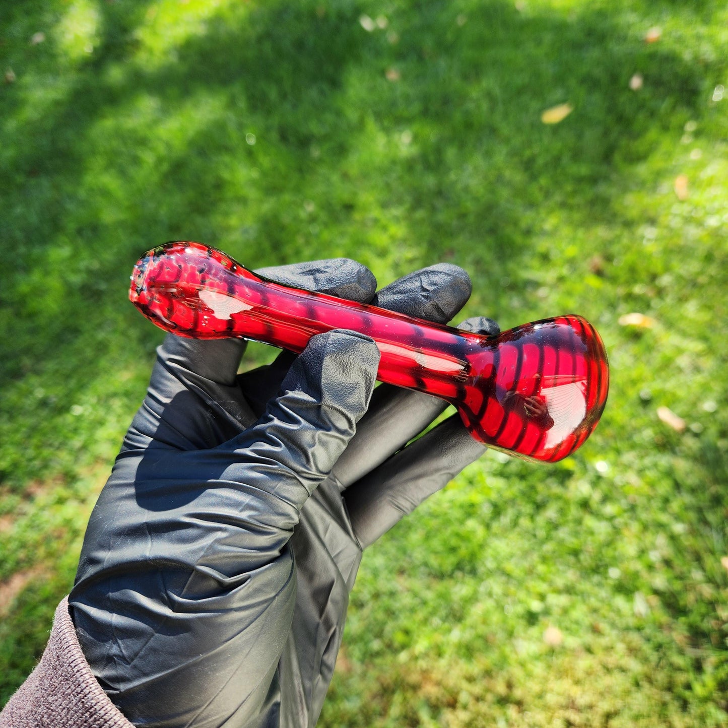 Red Web Glass Pipe – Handblown Spoon with Black Web Design – Heroic Vibes – Super Style Pipe – Comic-Inspired Art Glass Gift