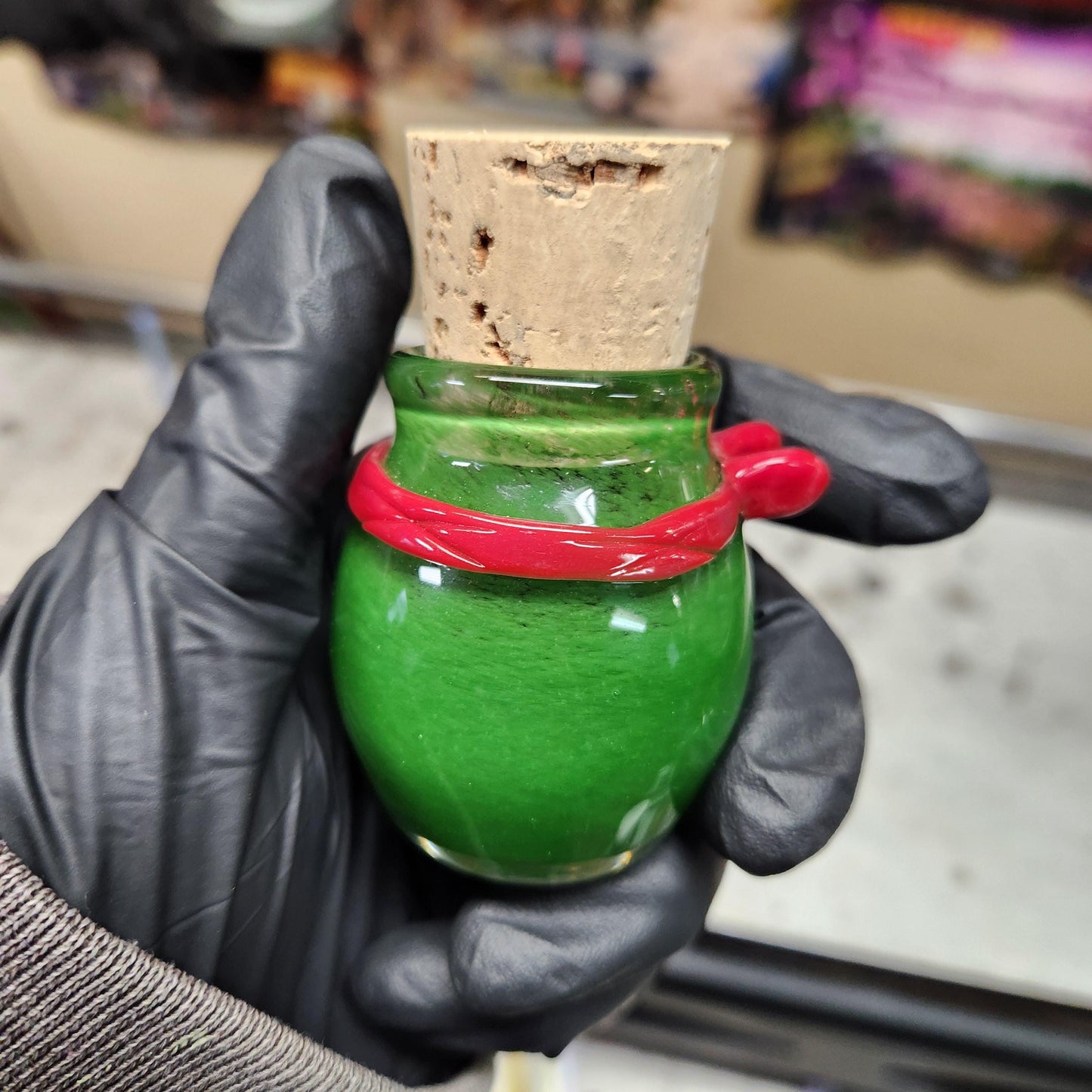 Green Frit Glass Jar with Sculpted Ninja Headband – 1.5” Hand Blown Glass Storage Jar with Cork Lid, Turtle Art Jar