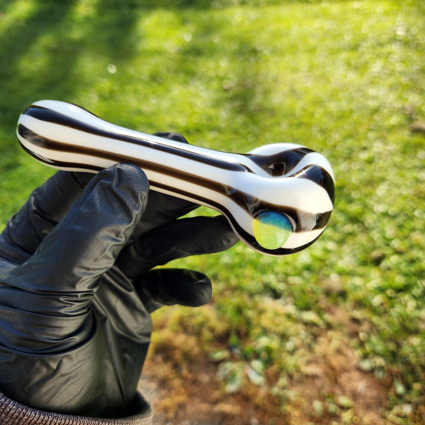 Black & White Striped Pipe with Green Dot – Handblown Glass Spoon Pipe – Spooky Gothic Vibes
