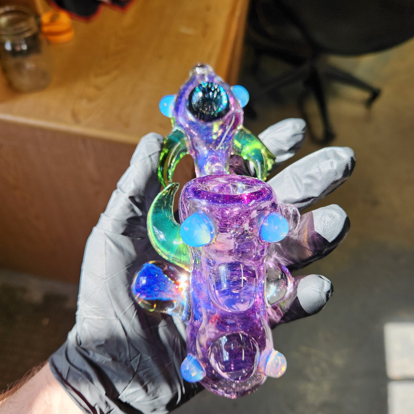 Ancient Alien Relic Glass Pipe – Transparent Gold Purple Hammer Pipe w/ Nebula Marble Accents