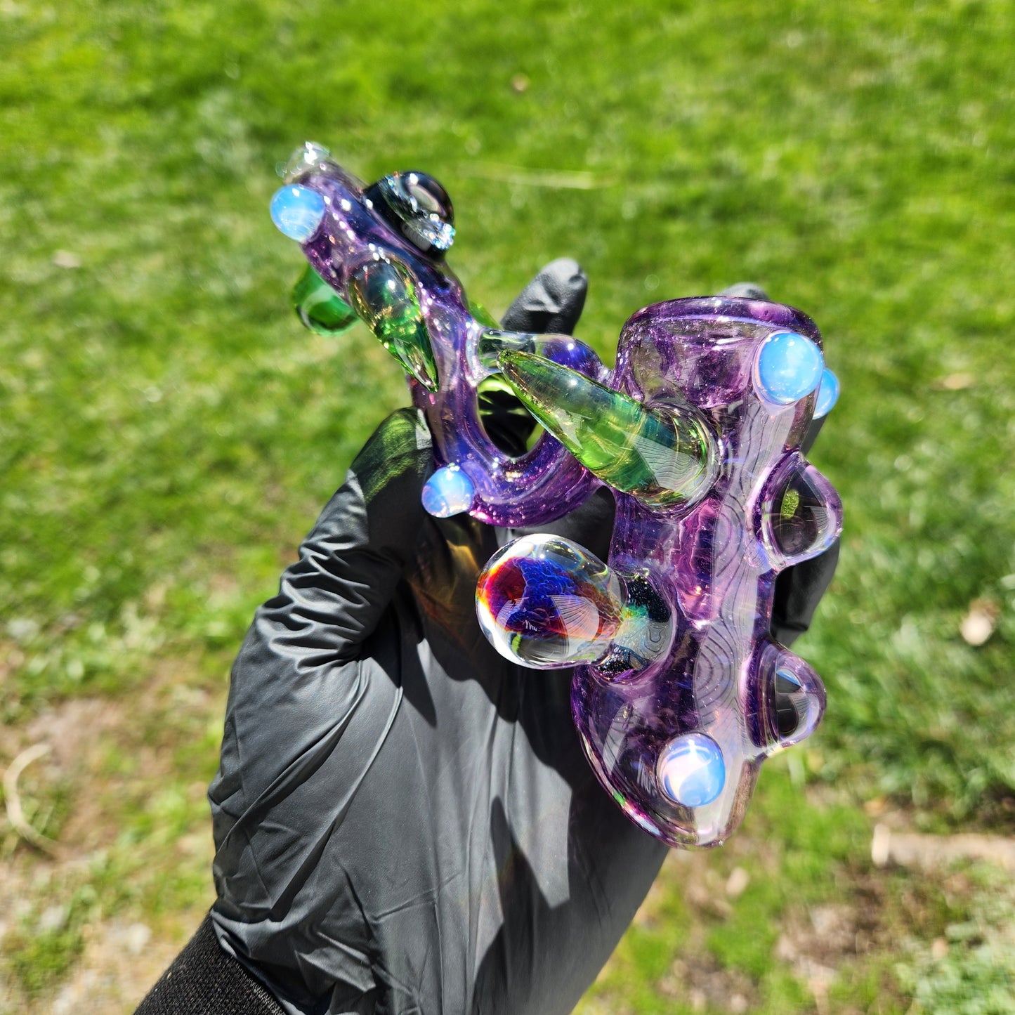 Ancient Alien Relic Glass Pipe – Transparent Gold Purple Hammer Pipe w/ Nebula Marble Accents
