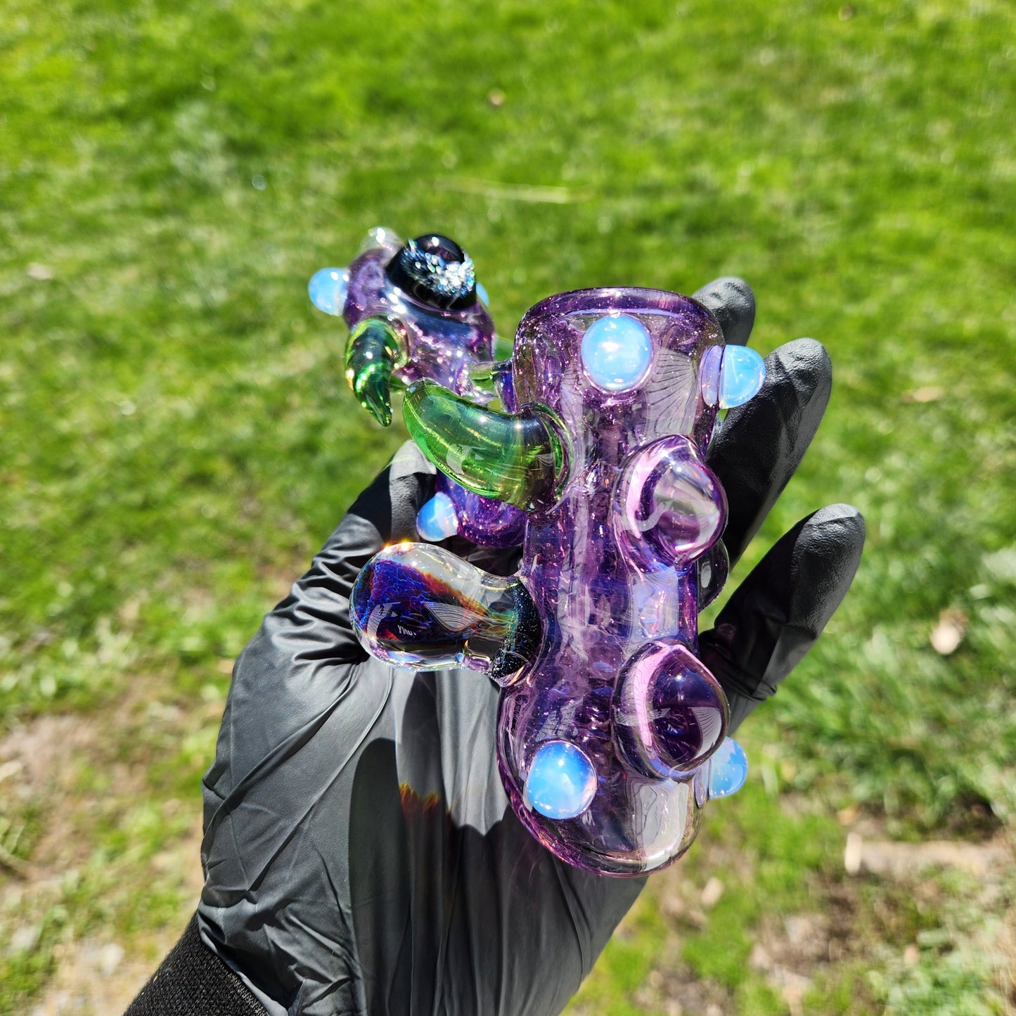 Ancient Alien Relic Glass Pipe – Transparent Gold Purple Hammer Pipe w/ Nebula Marble Accents