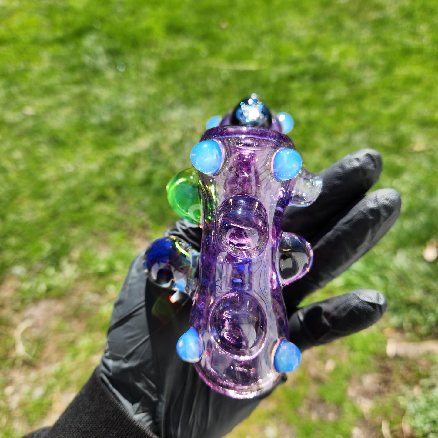 Ancient Alien Relic Glass Pipe – Transparent Gold Purple Hammer Pipe w/ Nebula Marble Accents