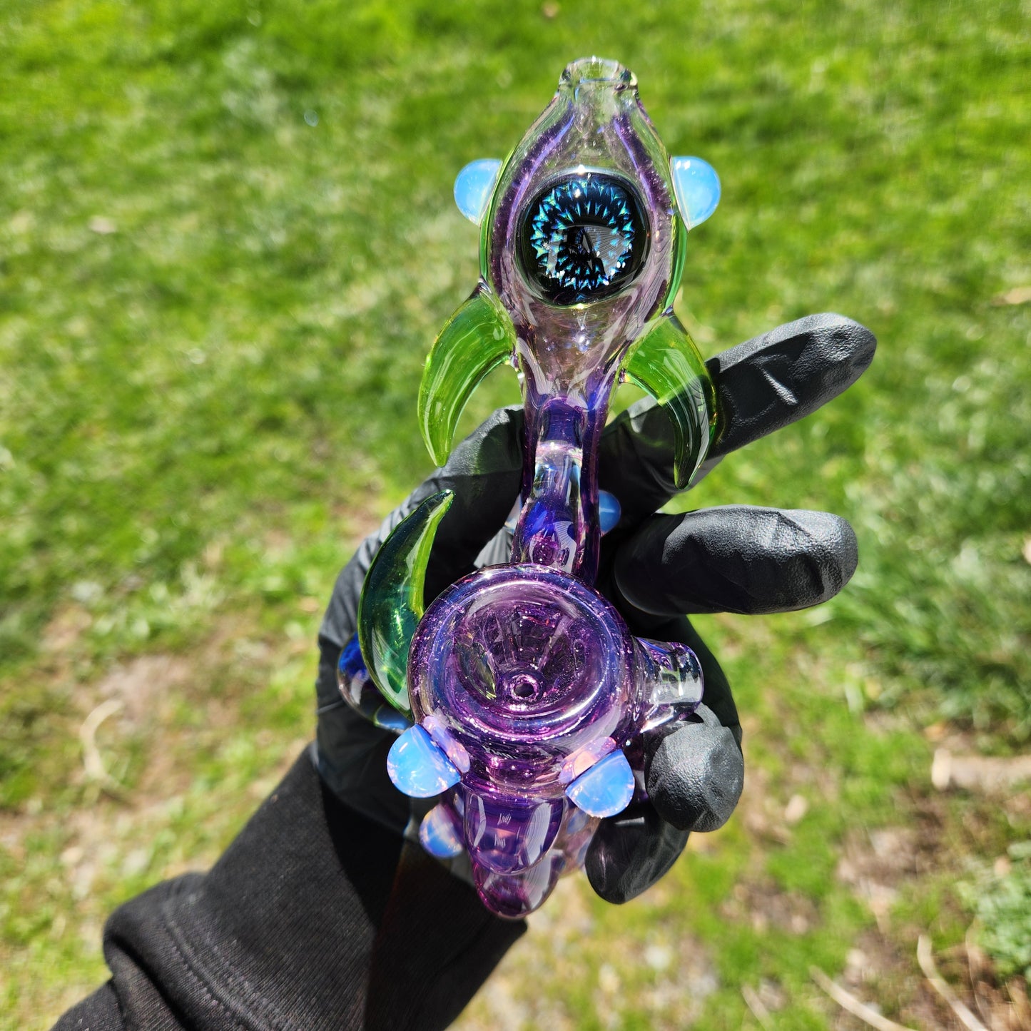 Ancient Alien Relic Glass Pipe – Transparent Gold Purple Hammer Pipe w/ Nebula Marble Accents