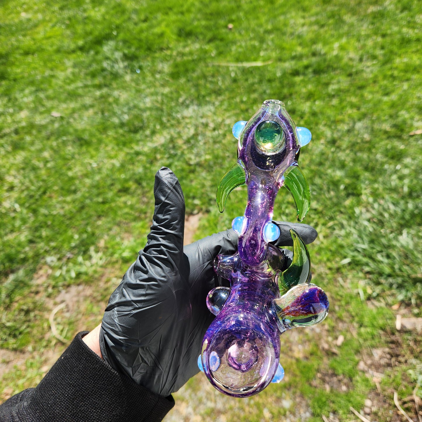 Ancient Alien Relic Glass Pipe – Transparent Gold Purple Hammer Pipe w/ Nebula Marble Accents