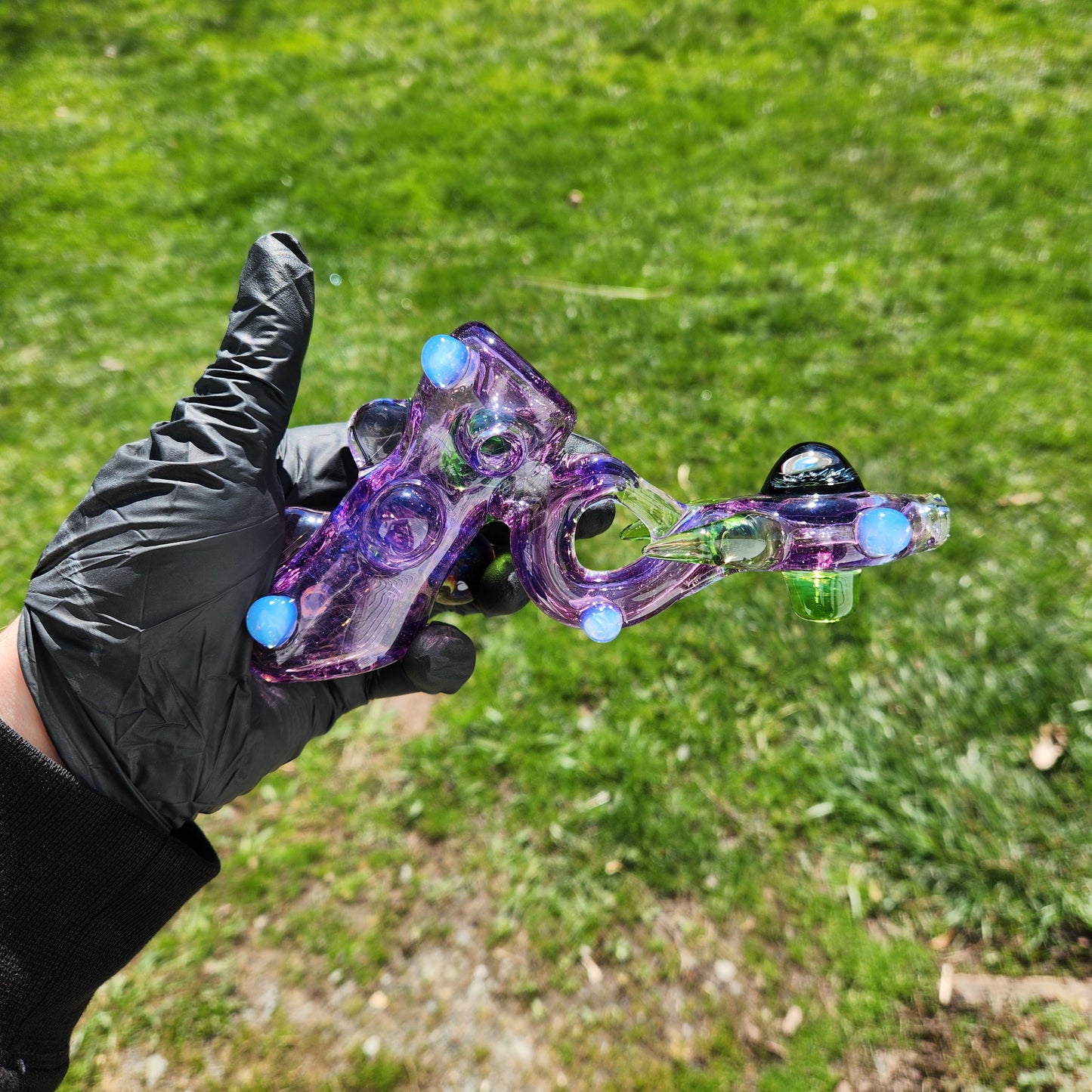 Ancient Alien Relic Glass Pipe – Transparent Gold Purple Hammer Pipe w/ Nebula Marble Accents