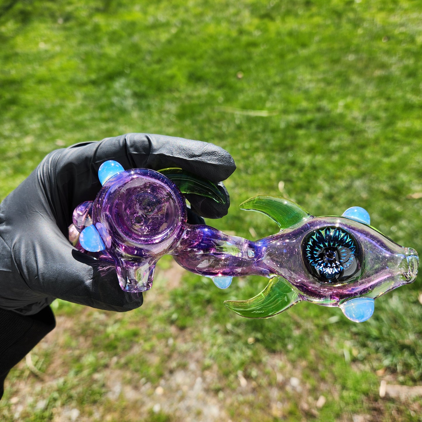 Ancient Alien Relic Glass Pipe – Transparent Gold Purple Hammer Pipe w/ Nebula Marble Accents