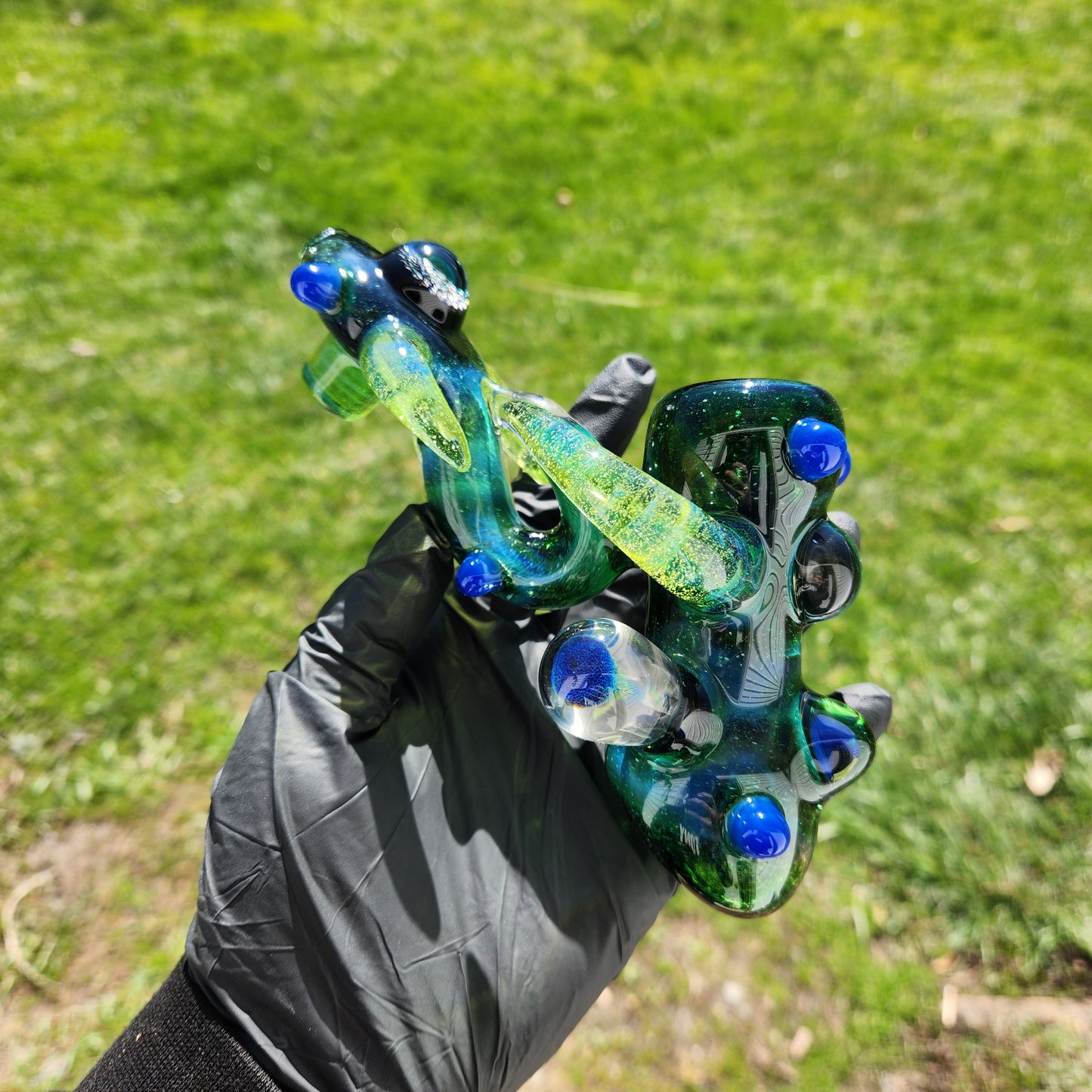 Ancient Alien Relic Glass Pipe – Experimental Green Hammer Pipe w/ Vortex Dichroic Marble